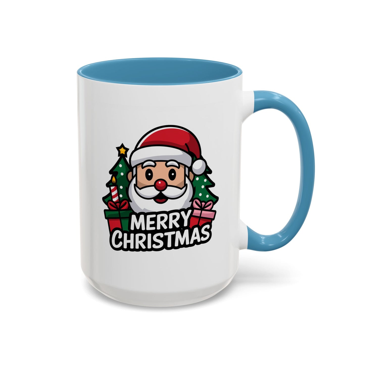 Christmas Mug - Merry Christmas White & Black Text Santa Trees Presents