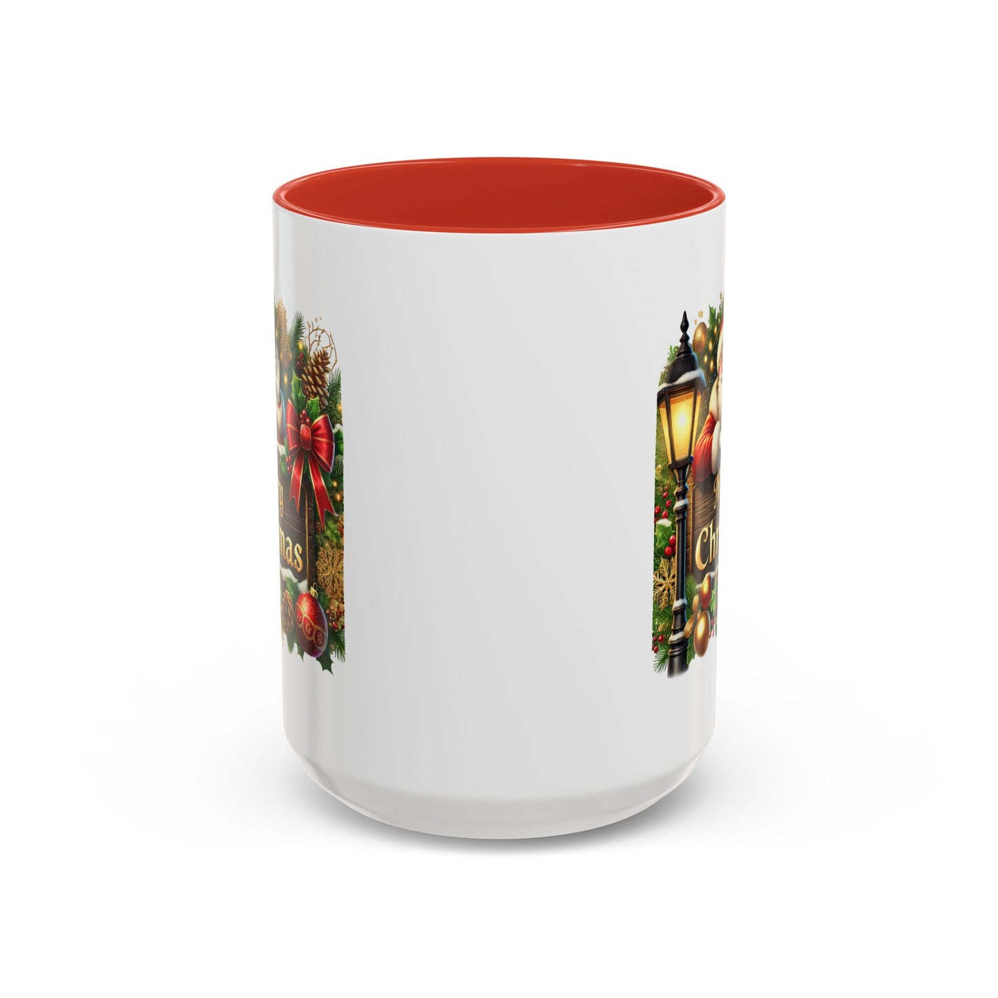 Christmas Mug - Merry Christmas Cream Text Santa Ok Light Bow Ornaments