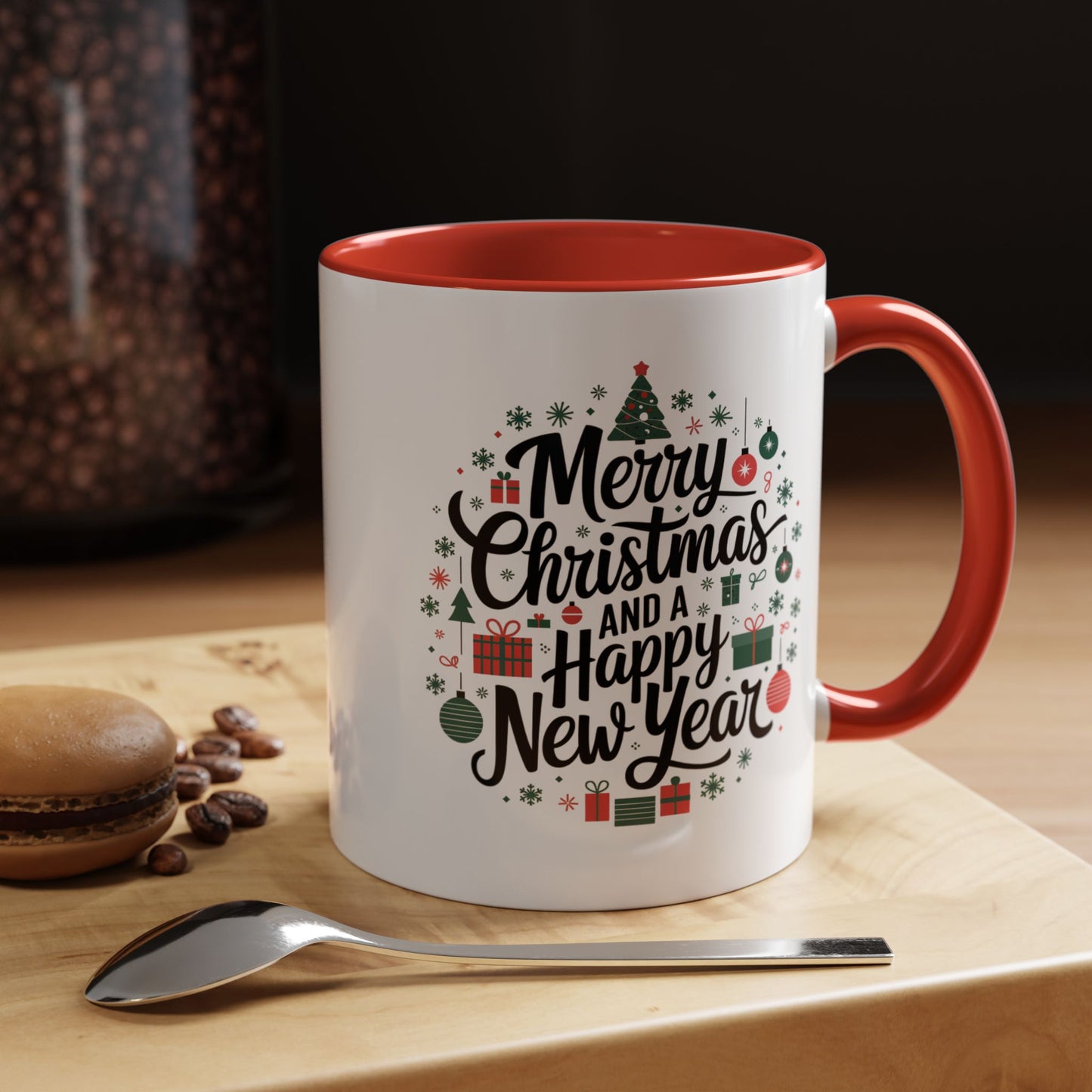 Christmas Mug - Merry Christmas and a Happy New Year Black Text Tree Ornaments Presents