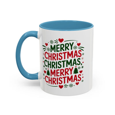 Christmas Mug - Merry Christmas Green & Red Text Trees Hearts Snowflakes Stars