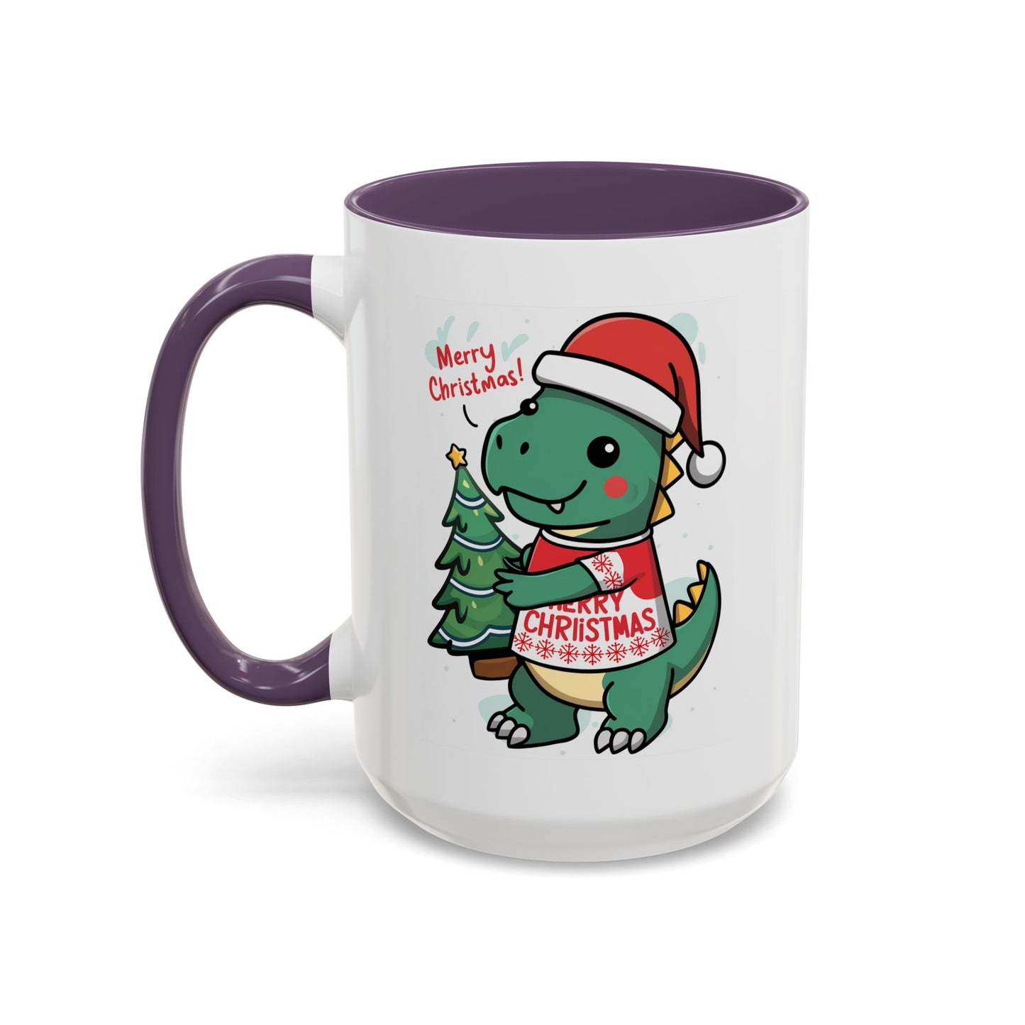 Christmas Mug - Merry Christmas Red Text Dinosaur Tree