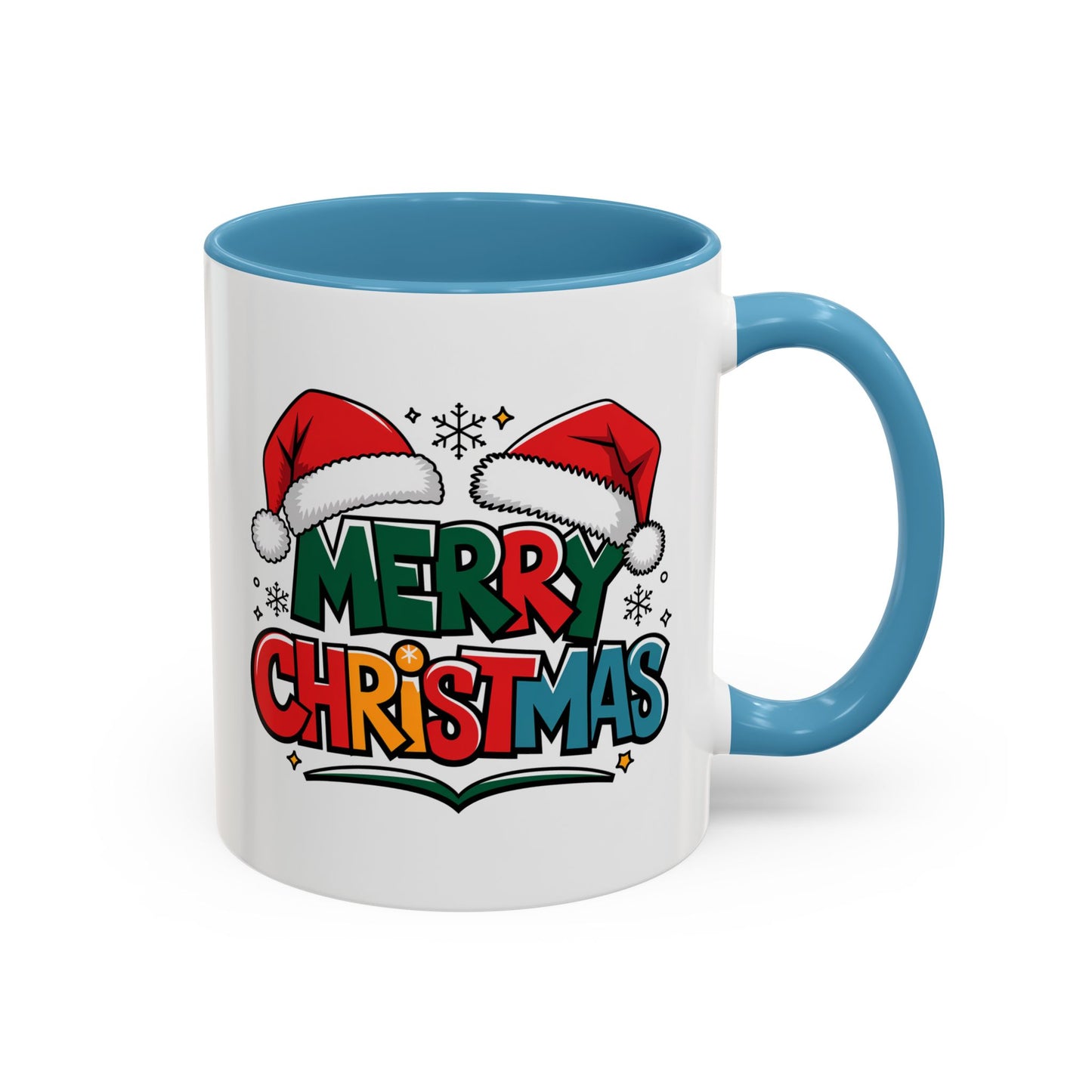 Christmas Mug - Merry Christmas Green Red Yellow and Blue Text Red Hats