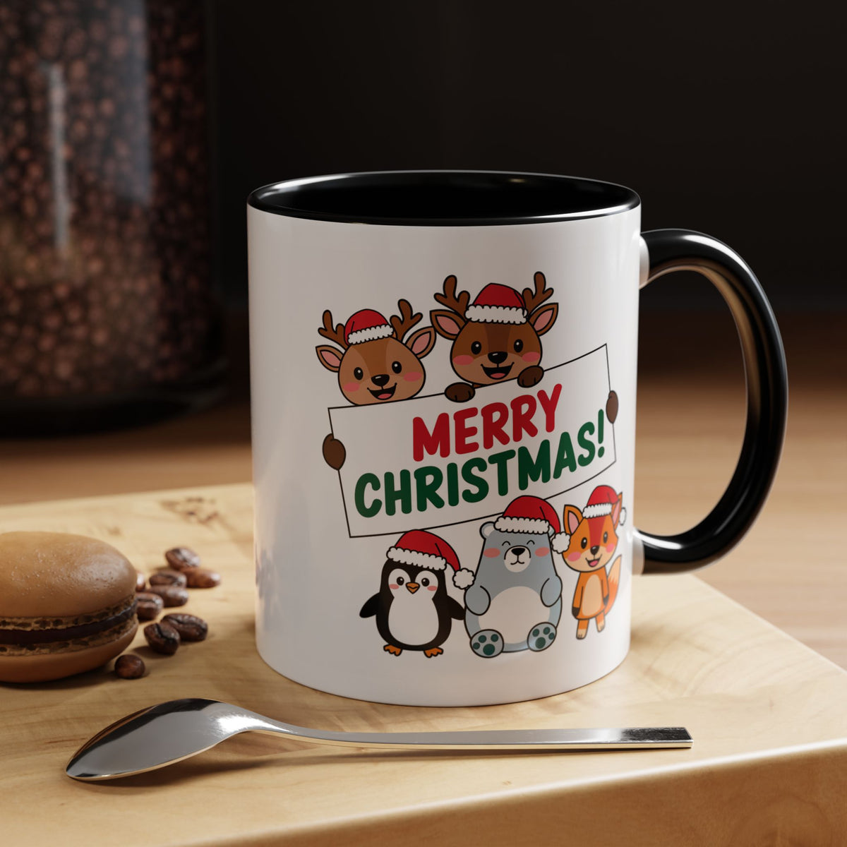 Christmas - Merry Christmas Red & Green Text Reindeer Penguin Bear Fox