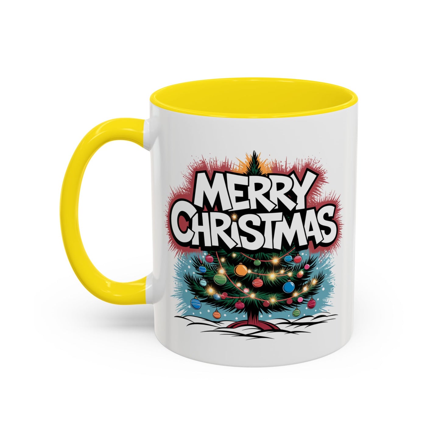 Christmas Mug - Merry Christmas White & Red Text Tree Lights