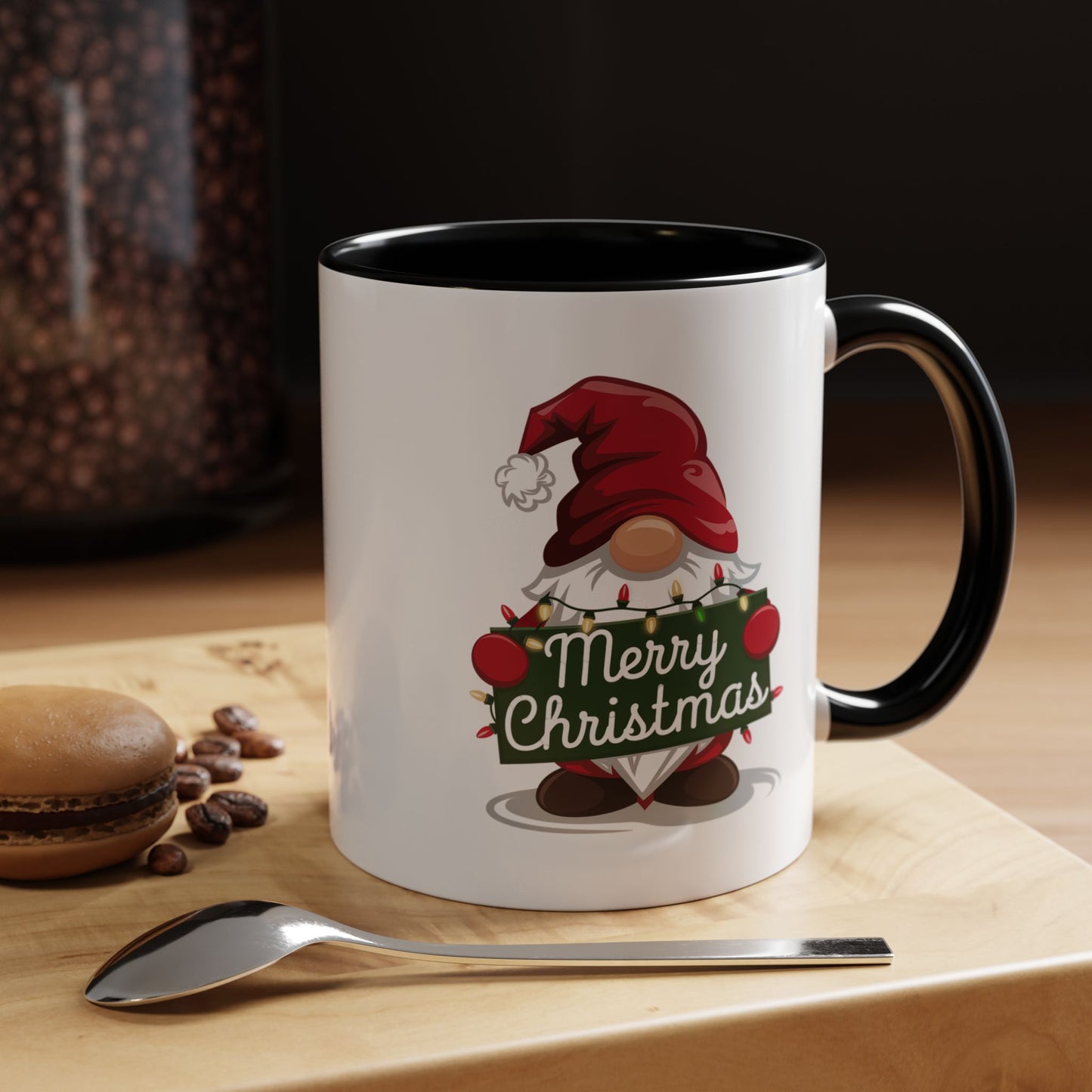 Christmas Mug - Merry Christmas White & Green Text Gnome Lights