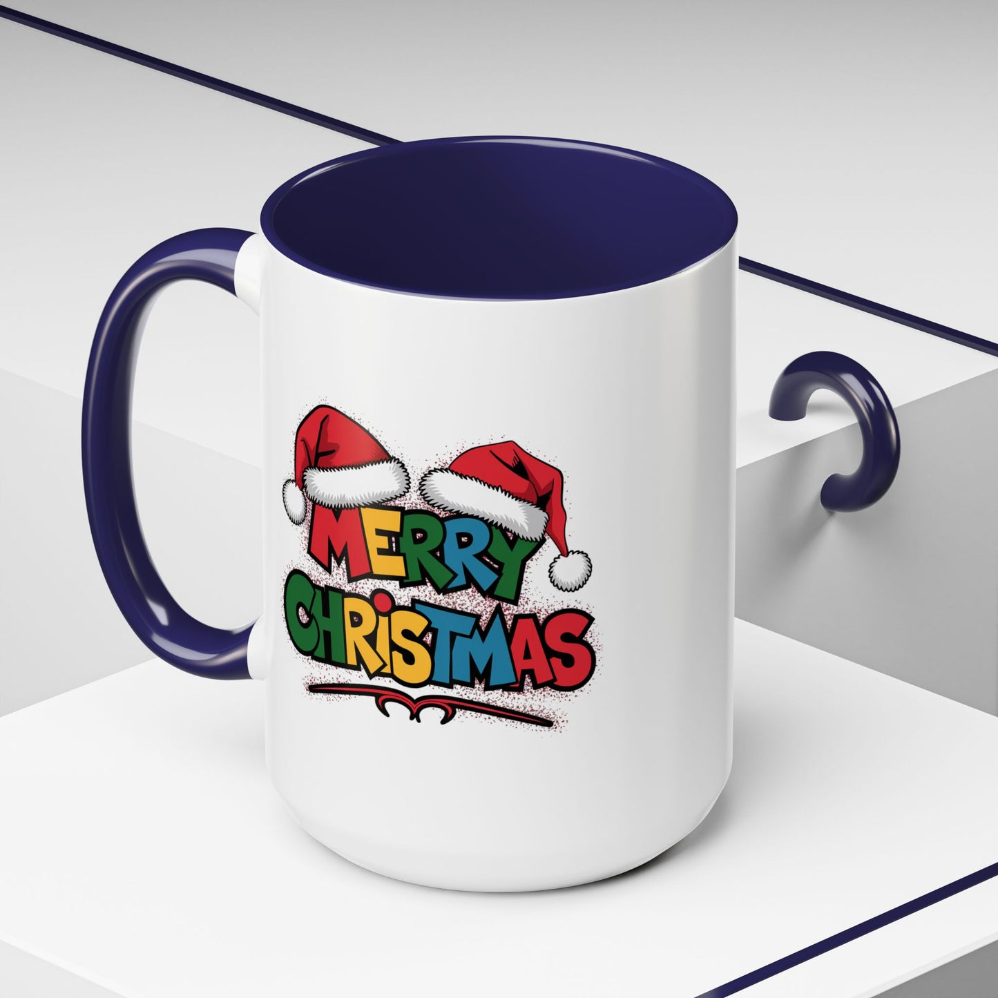 Christmas Mug - Merry Christmas Red Yellow & Blue Text Red Hats