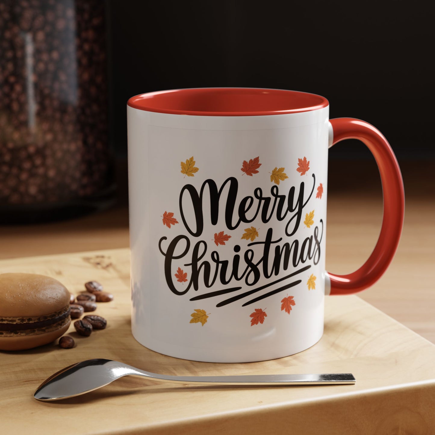 Christmas Mug - Merry Christmas Black Text Fall Leaves