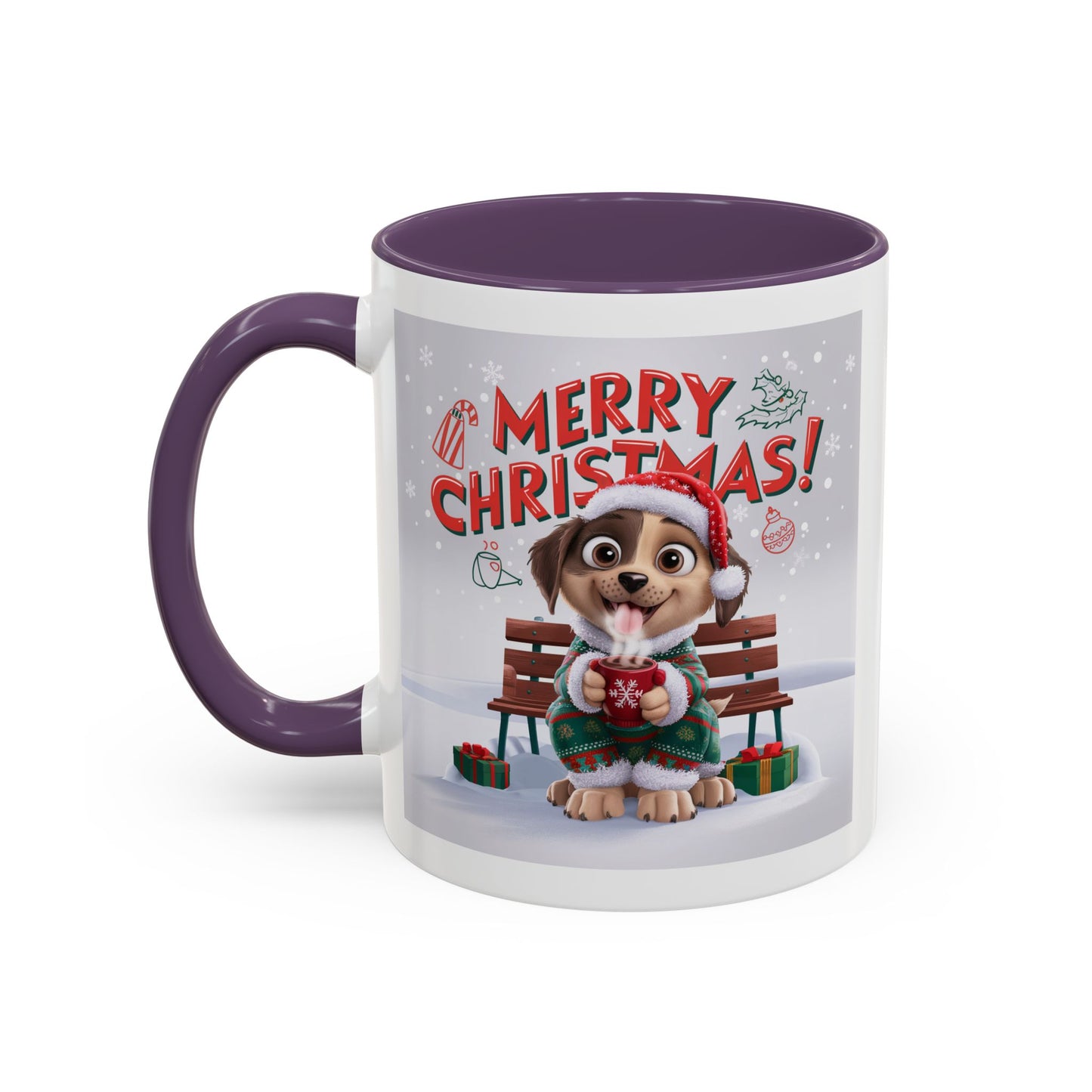 Christmas Mug - Merry Christmas Red Text Puppy Green Top