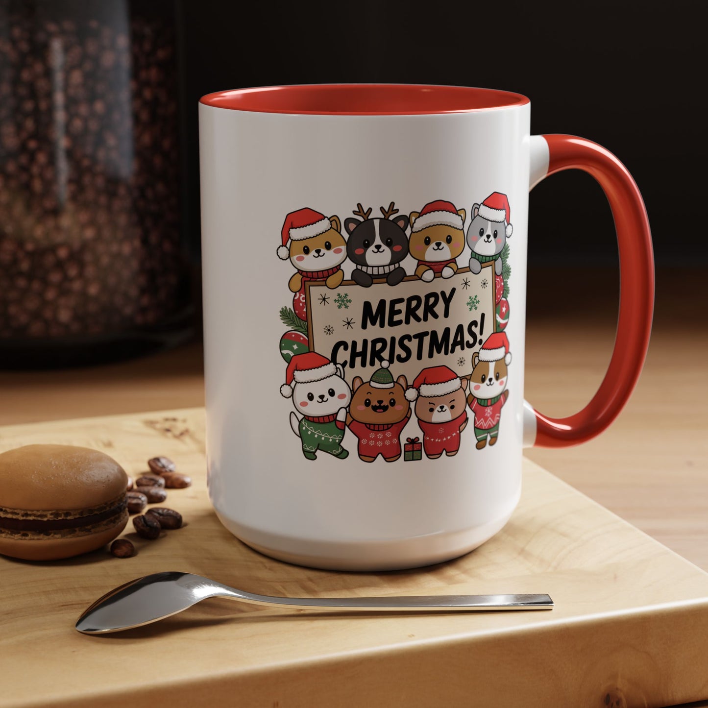 Christmas Mug - Merry Christmas Black Text Cute Animals