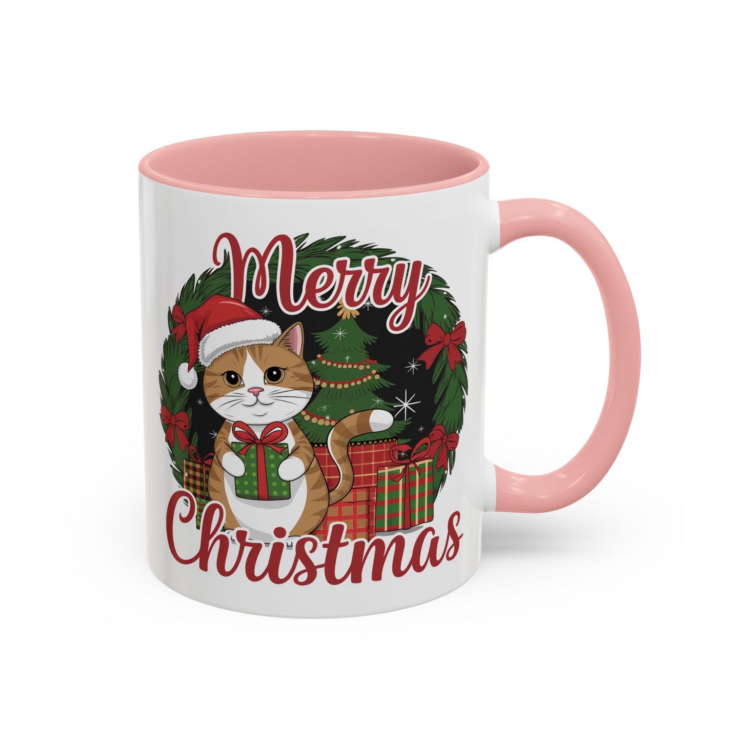 Christmas Mug - Merry Christmas Red Text Cat Presents Wreath