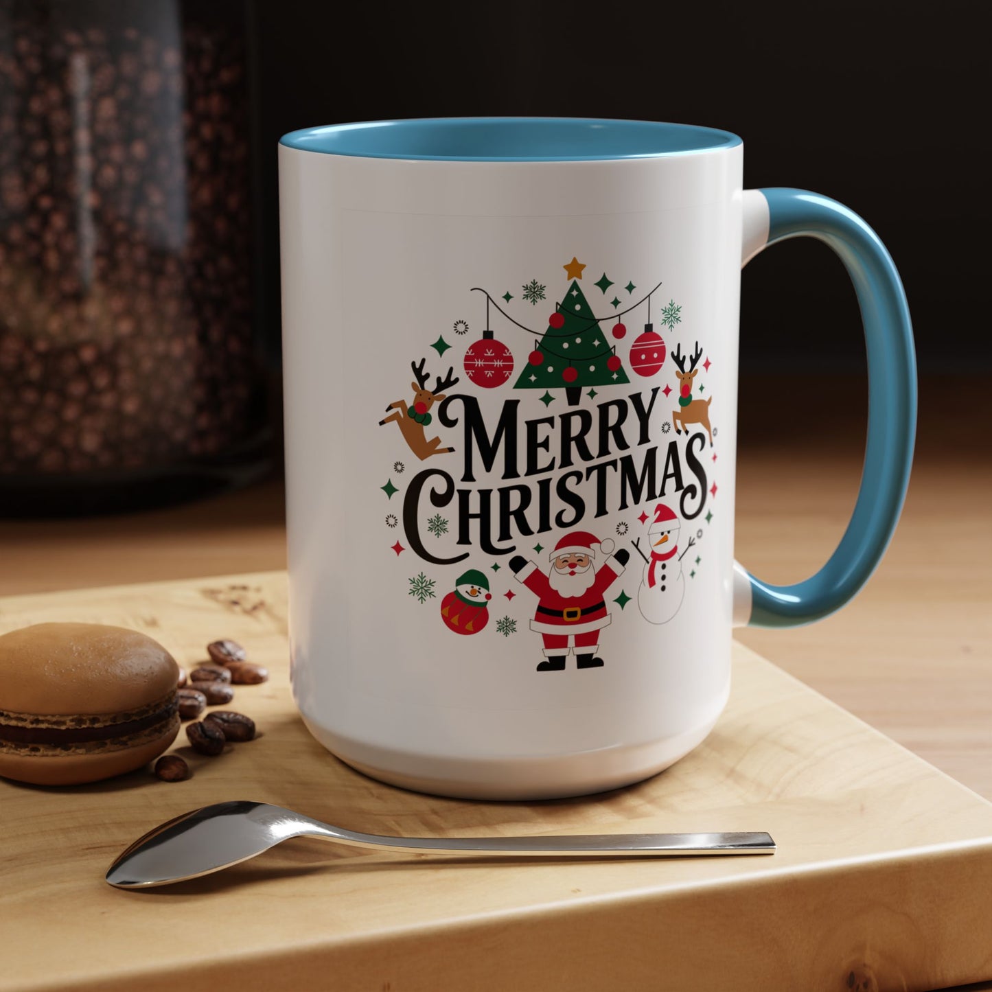 Christmas Mug - Merry Christmas Black Text Santa Reindeer Snowmen Ornaments
