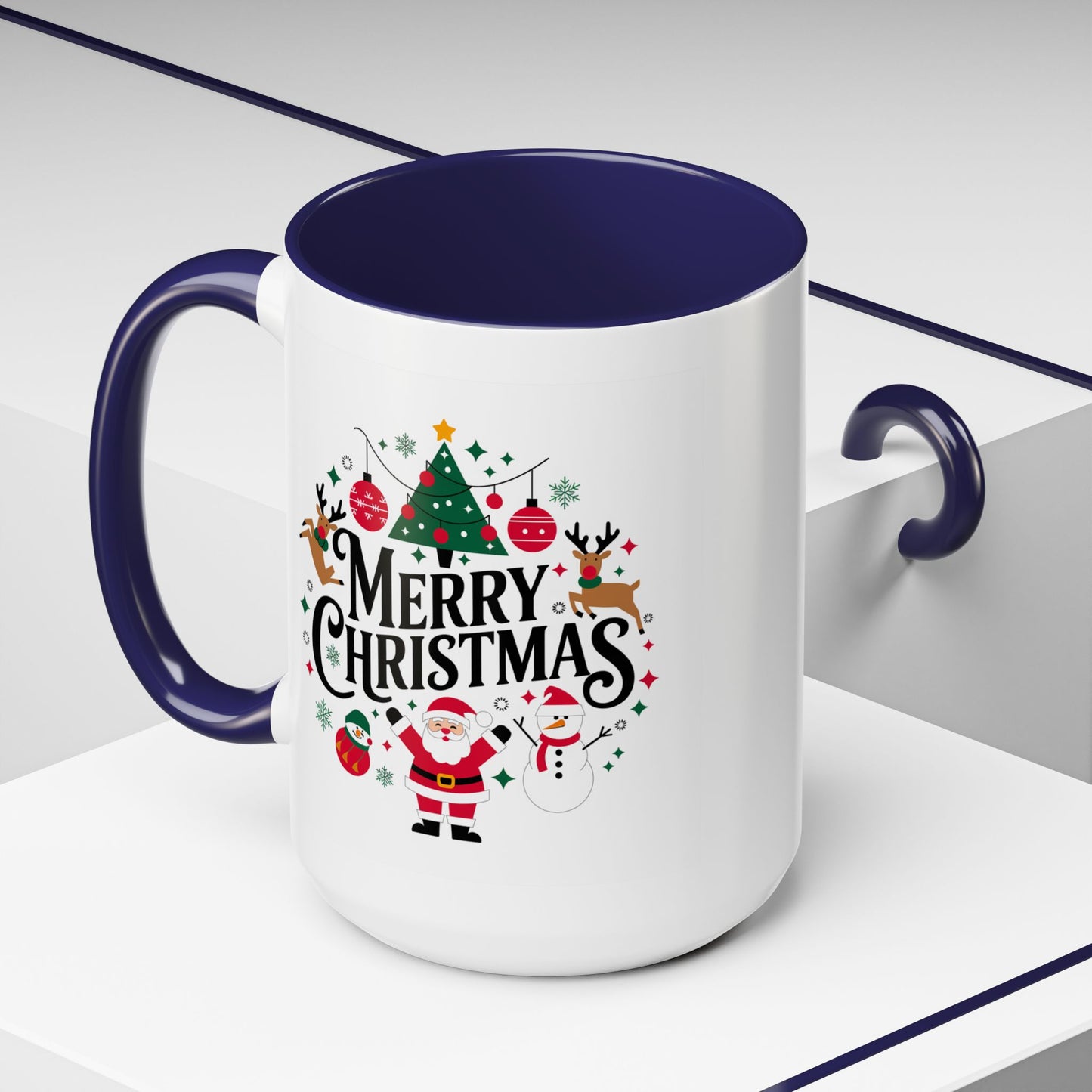 Christmas Mug - Merry Christmas Black Text Santa Reindeer Snowmen Ornaments
