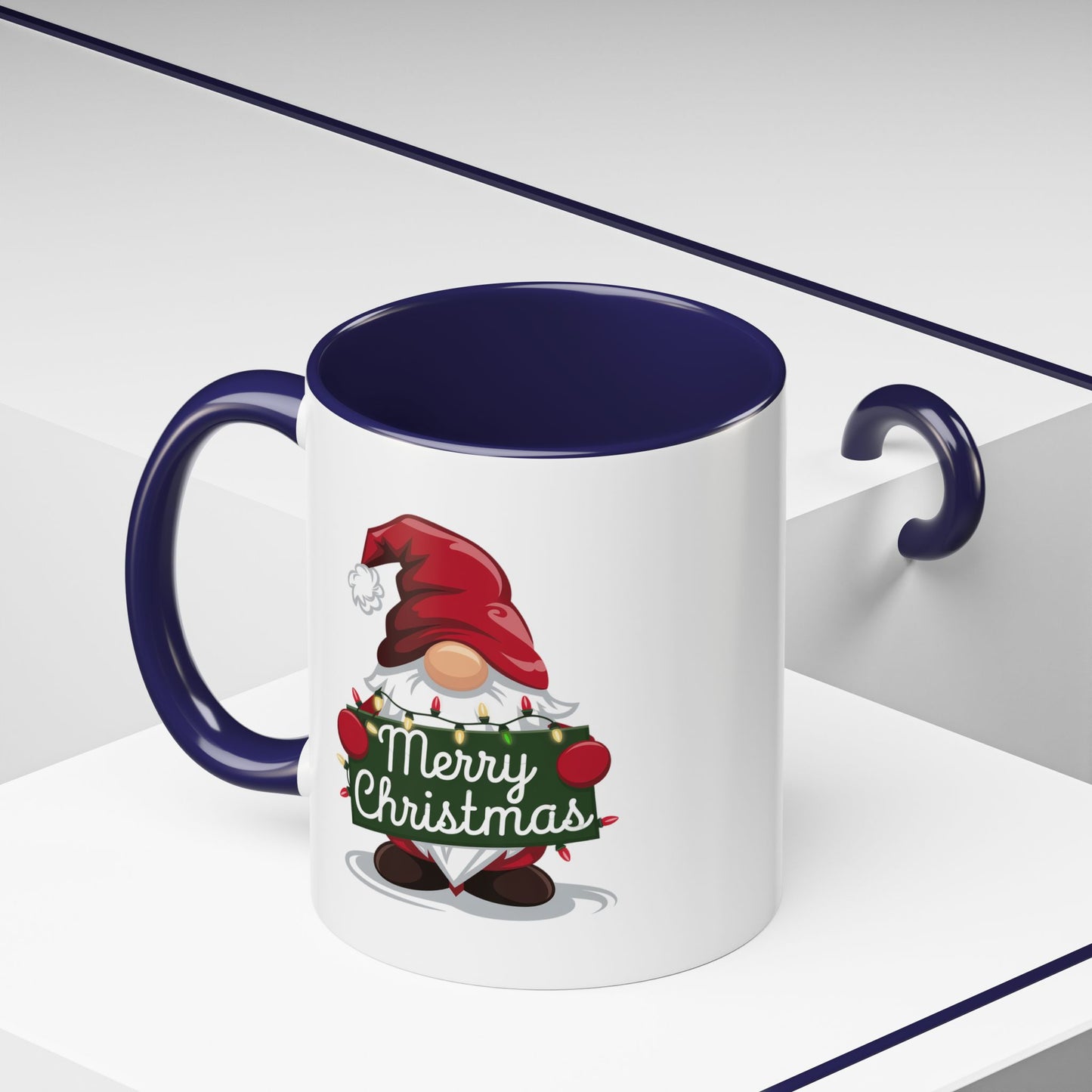 Christmas Mug - Merry Christmas White & Green Text Gnome Lights