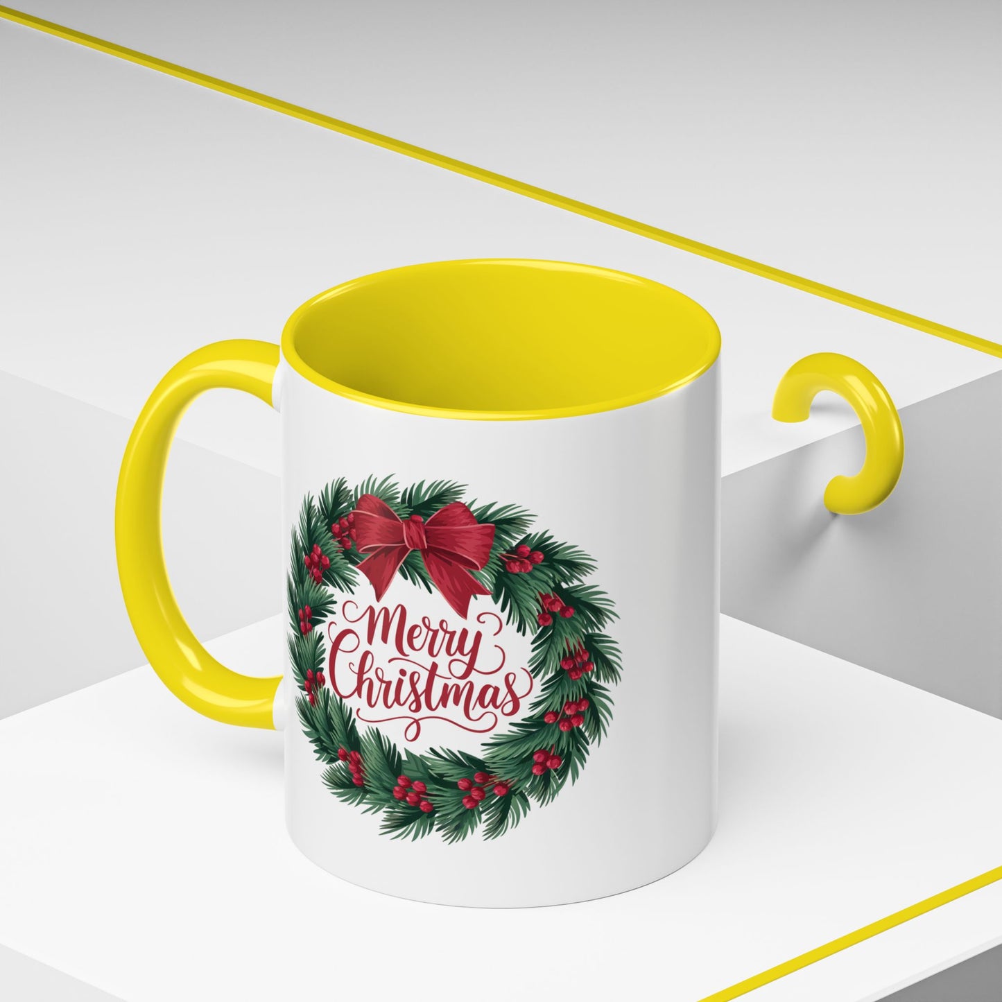 Christmas Mug - Merry Christmas Red Text Bow Wreath