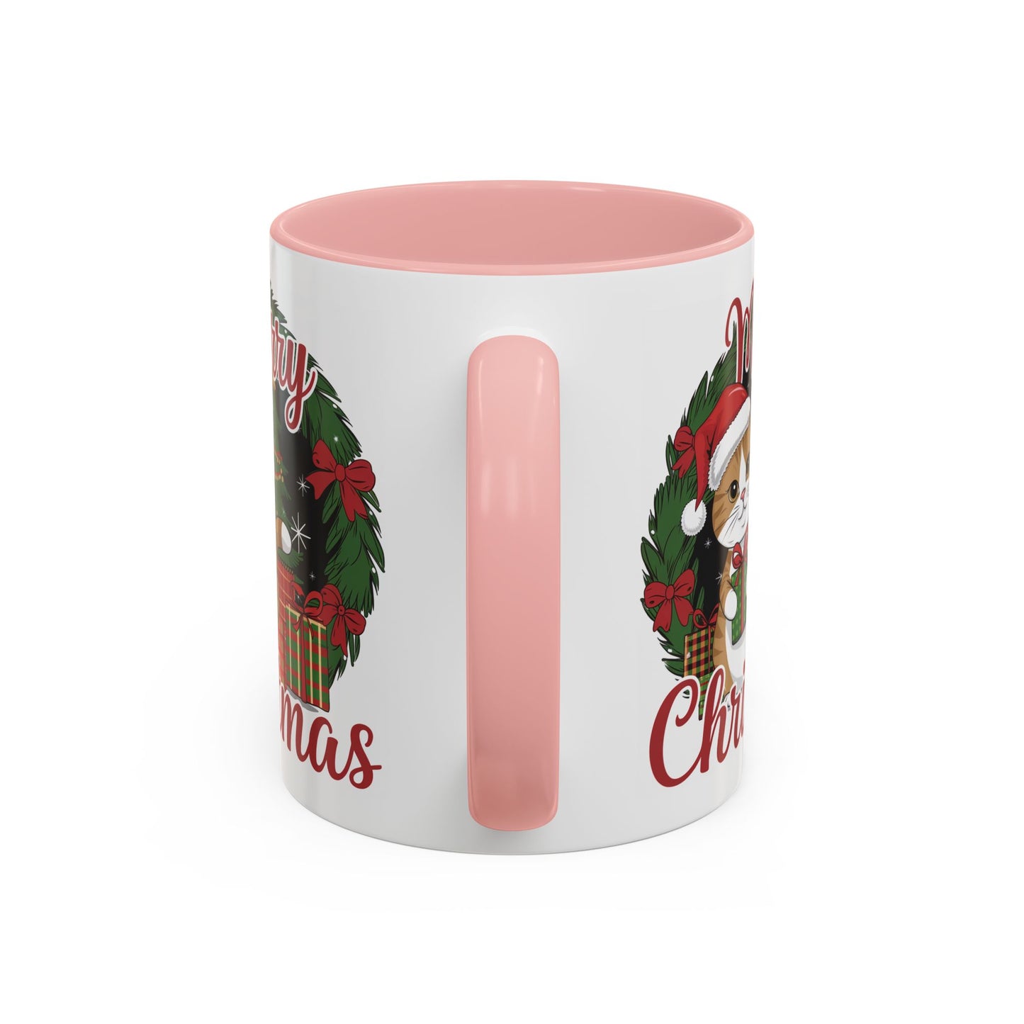 Christmas Mug - Merry Christmas Red Text Cat Presents Wreath