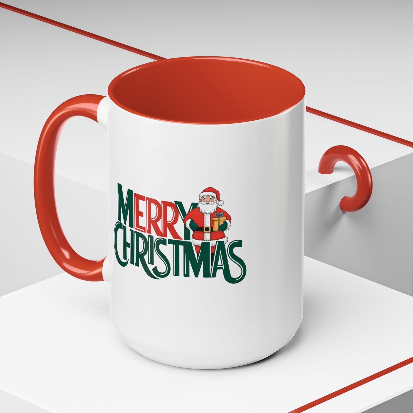 Christmas Mug - Merry Christmas Green & Red Text Santa Present