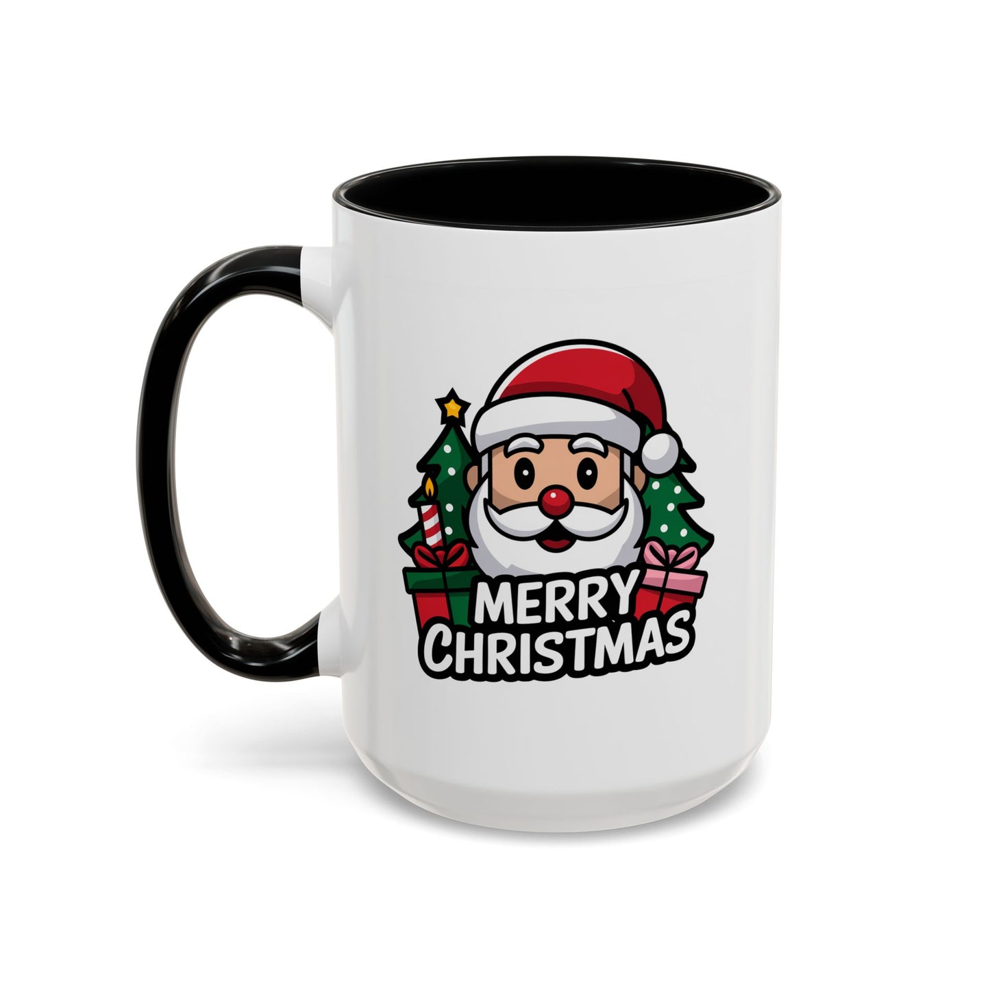 Christmas Mug - Merry Christmas White & Black Text Santa Trees Presents