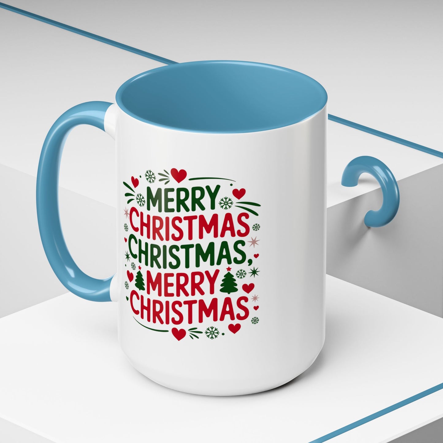 Christmas Mug - Merry Christmas Green & Red Text Trees Hearts Snowflakes Stars