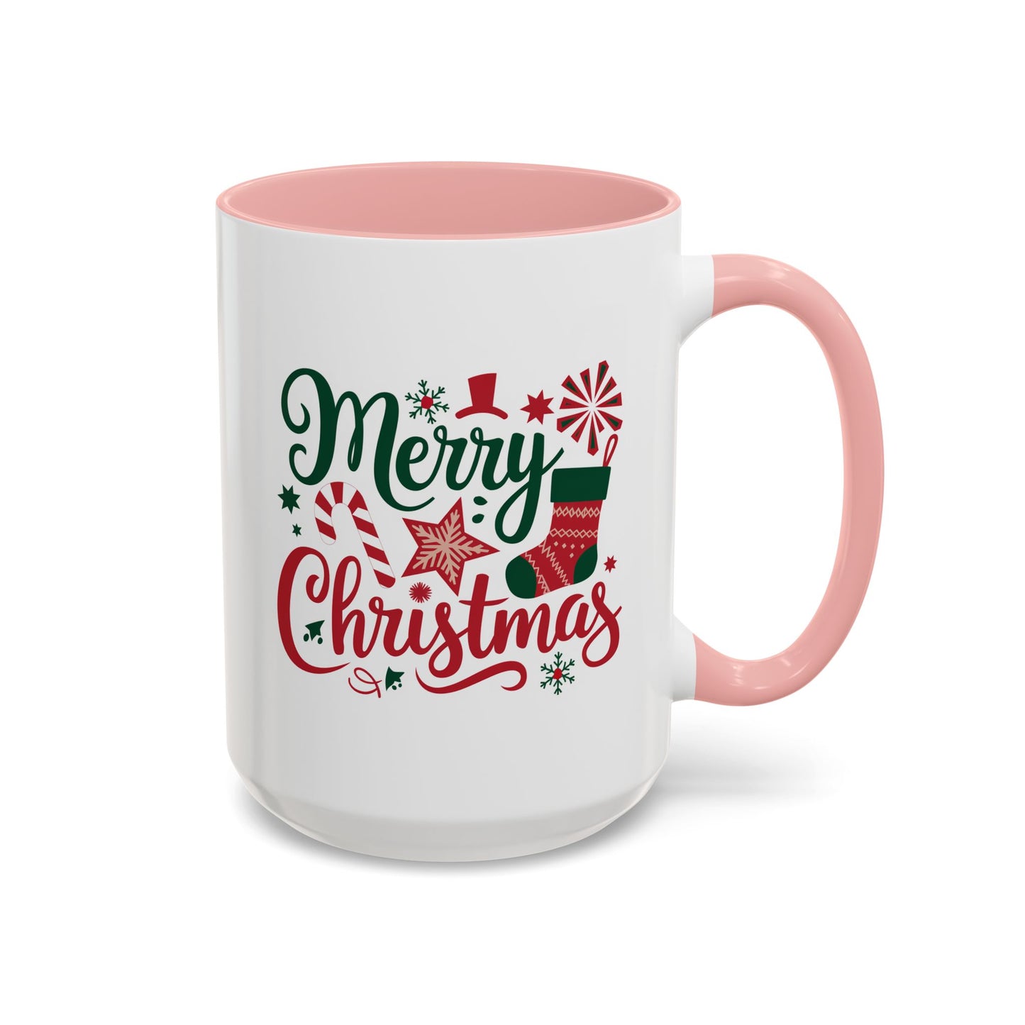 Christmas Mug - Merry Christmas Green & Red Text Star Candy Cane Stocking Snowflake