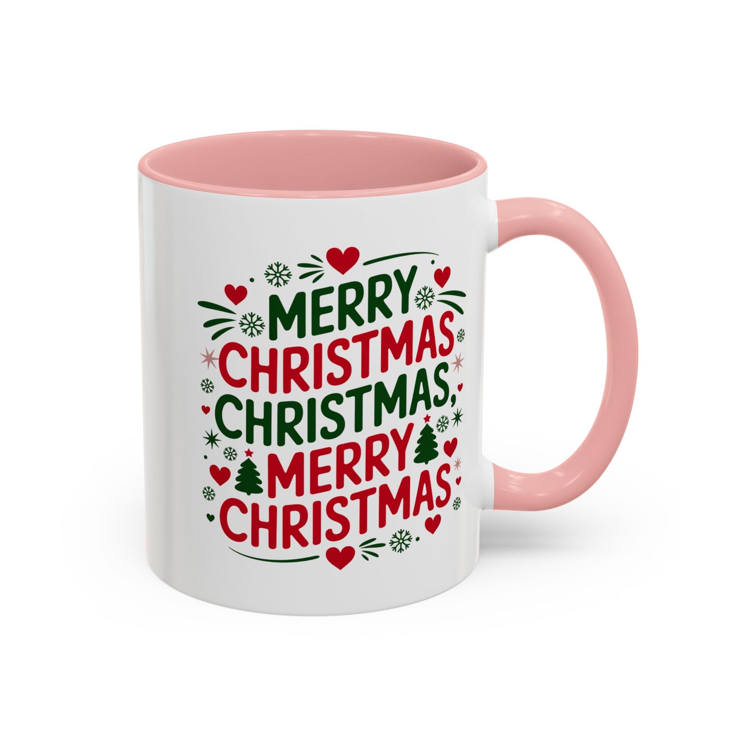 Christmas Mug - Merry Christmas Green & Red Text Trees Hearts Snowflakes Stars