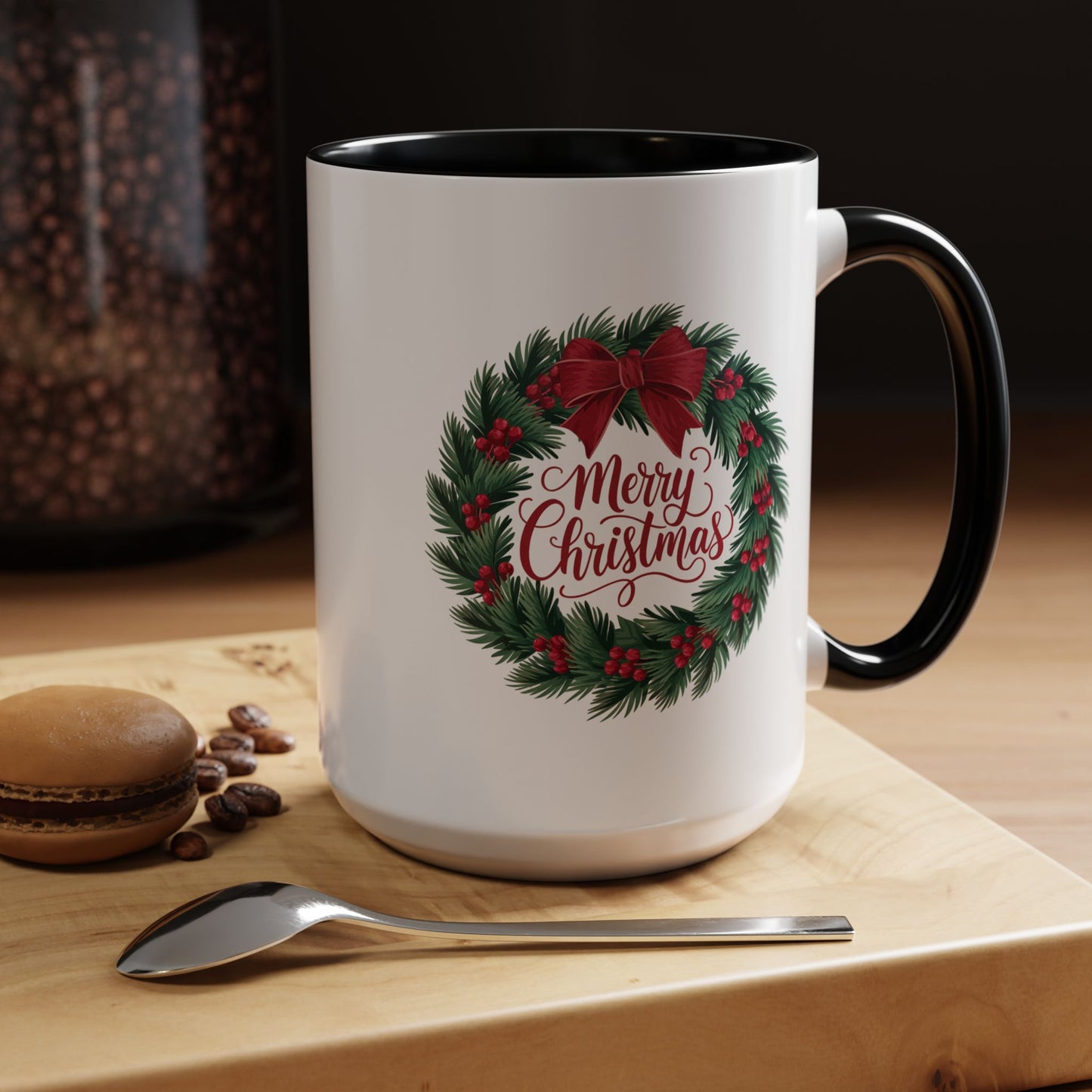 Christmas Mug - Merry Christmas Red Text Bow Wreath