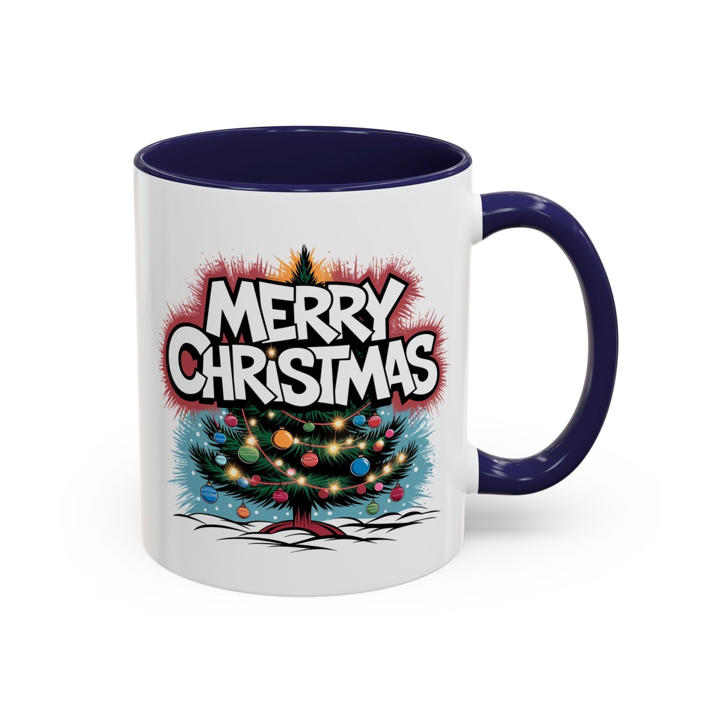 Christmas Mug - Merry Christmas White & Red Text Tree Lights