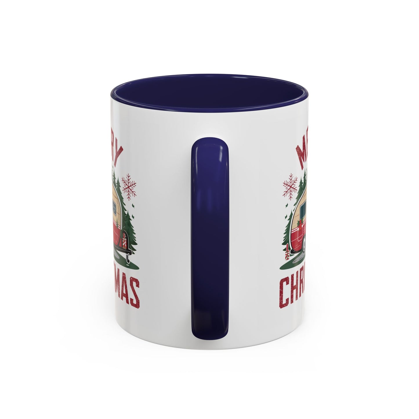 Christmas Mug - Merry Christmas Maroon Text Camper Trees Snowflakes