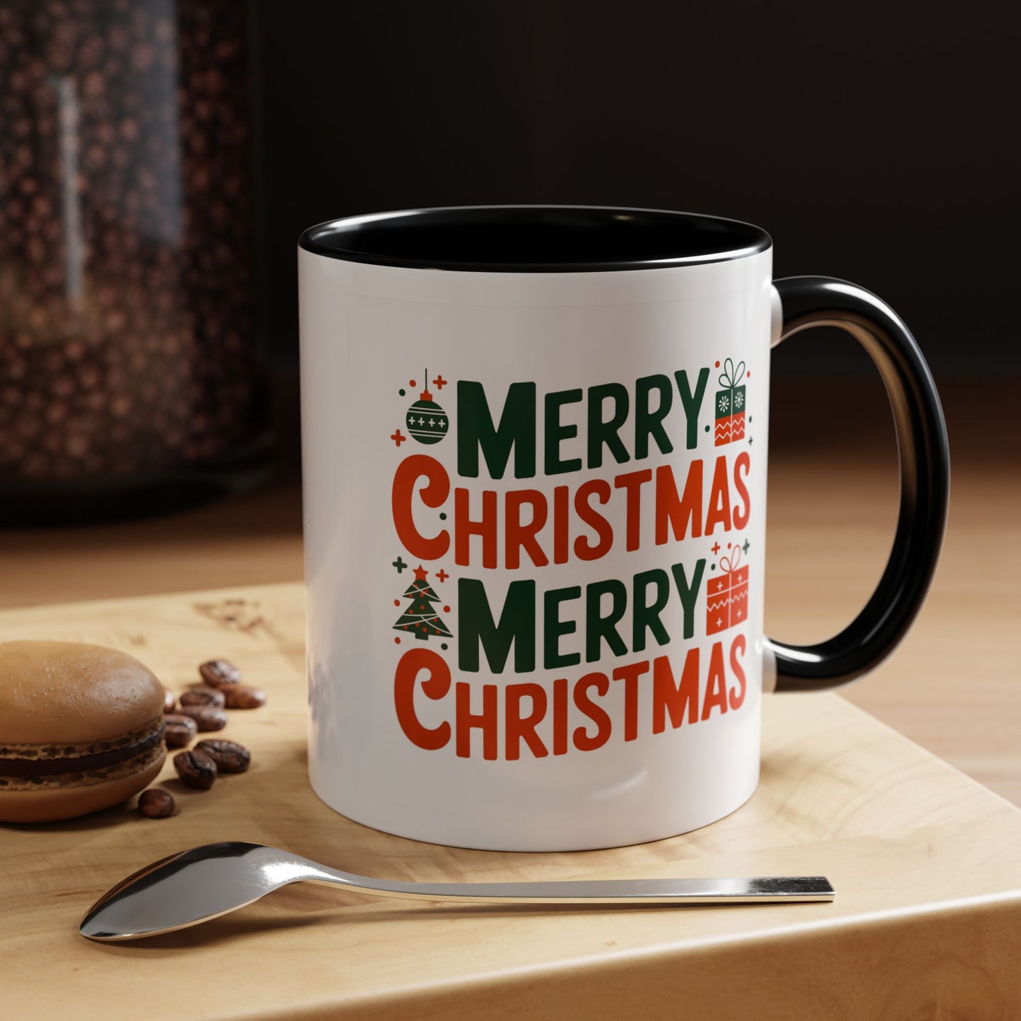 Christmas Mug - Green & Red Text Tree Presents