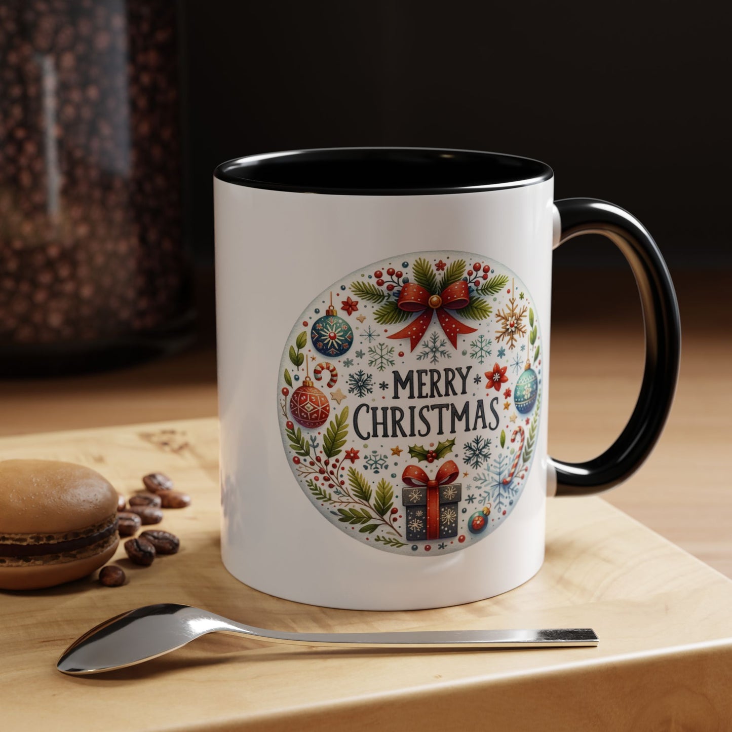 Christmas Mug - Merry Christmas Blue Text Bow Present Ornaments