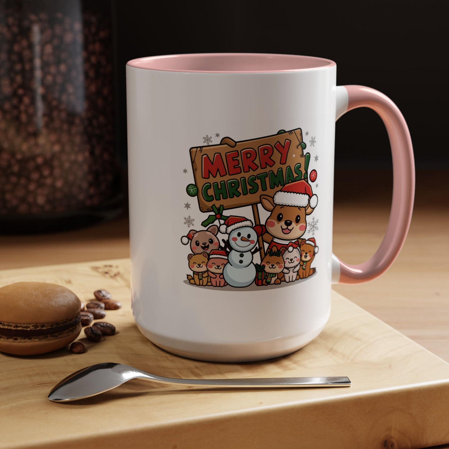 Christmas Mug - Merry Christmas Red & Green Text Reindeer Snowman