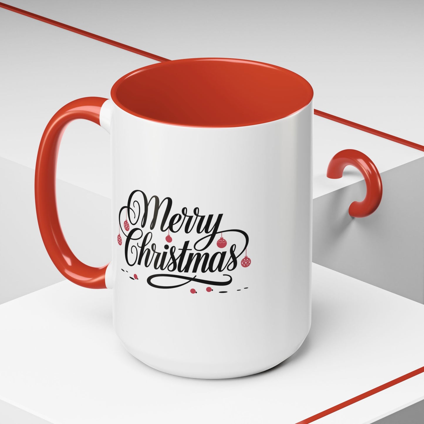 Christmas Mug - Merry Christmas Black Text Red Ornaments