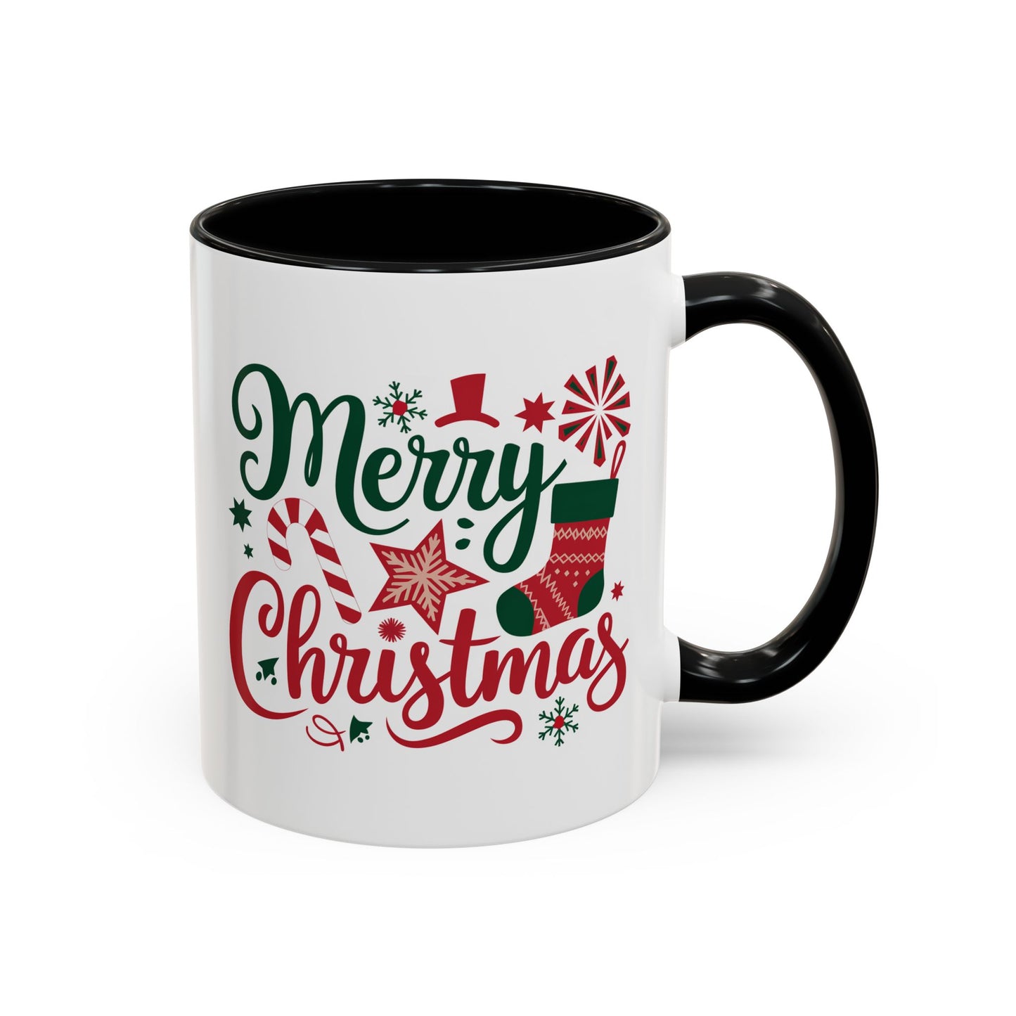 Christmas Mug - Merry Christmas Green & Red Text Star Candy Cane Stocking Snowflake