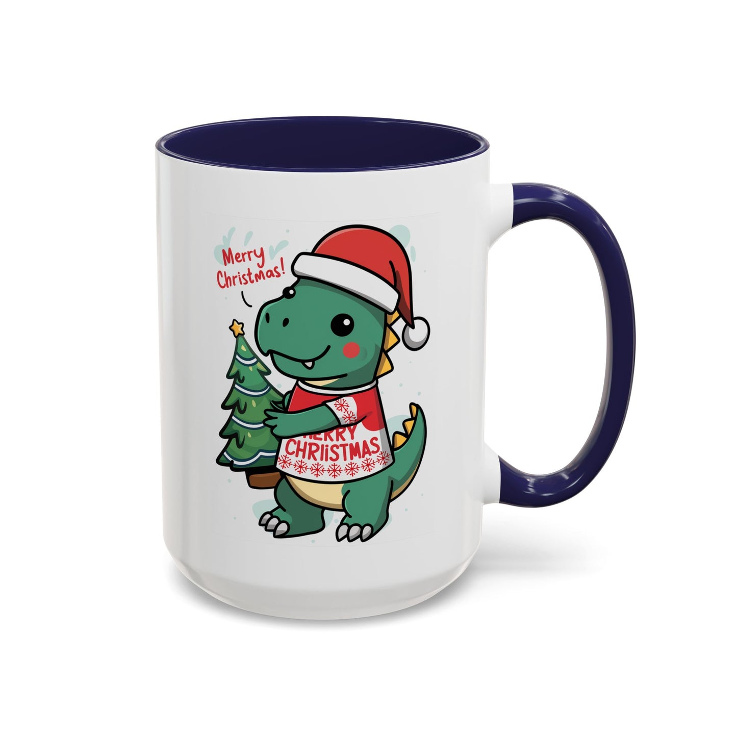 Christmas Mug - Merry Christmas Red Text Dinosaur Tree