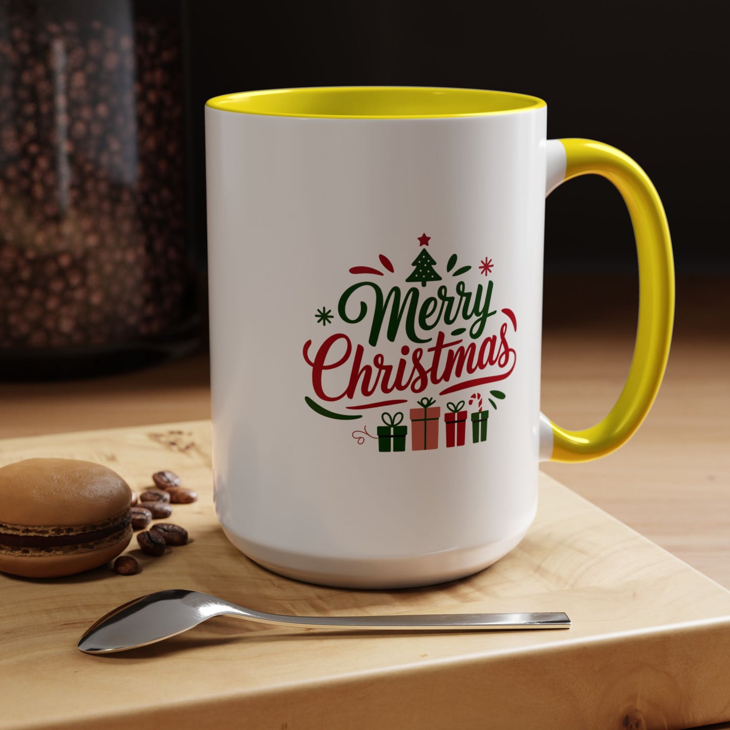 Christmas Mug - Merry Christmas Green & Red Text Tree Snowflakes Presents