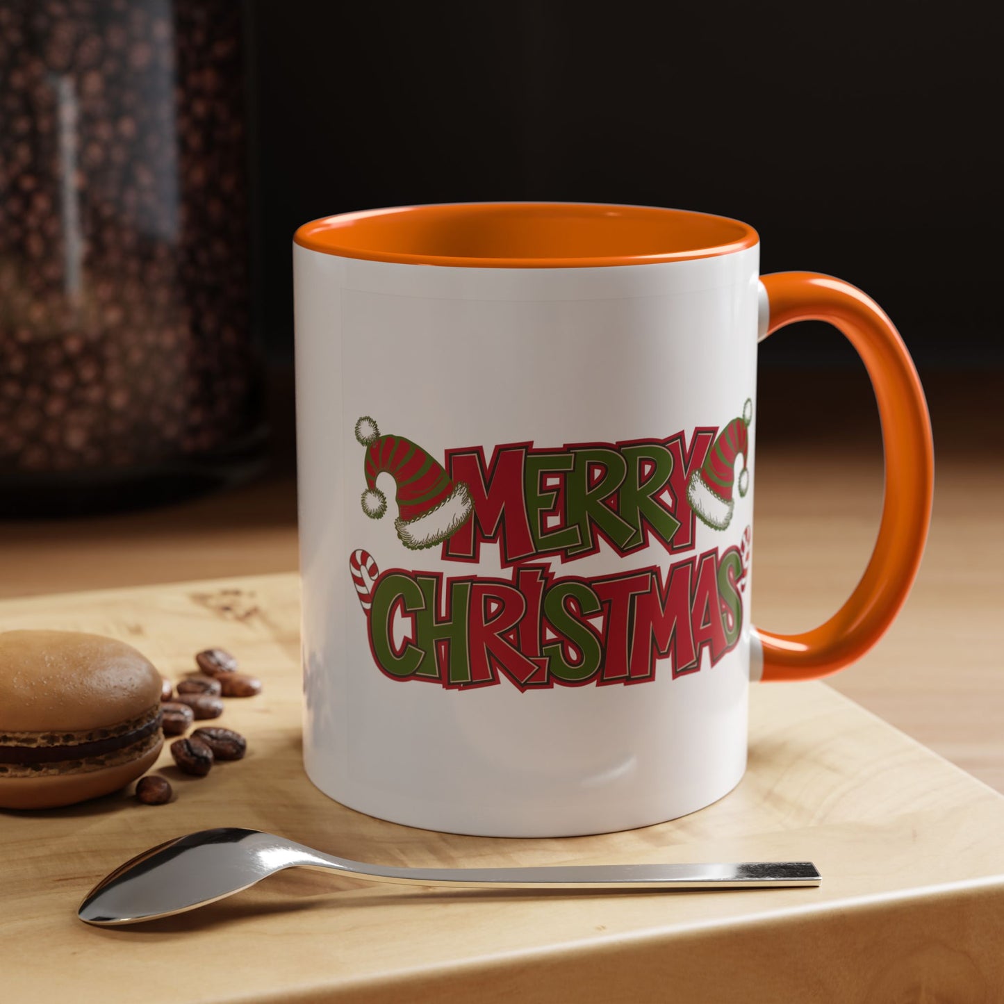 Christmas Mug - Merry Christmas Red & Green Text Hats Candy Canes