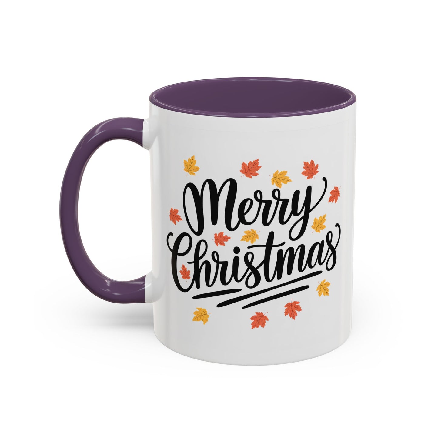 Christmas Mug - Merry Christmas Black Text Fall Leaves