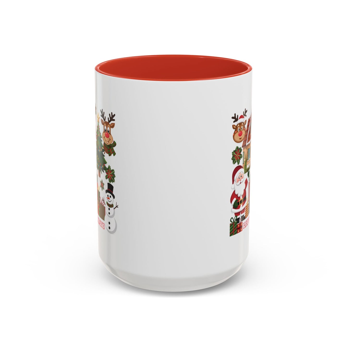 Christmas Mug - Happy Holidays Red Text Reindeer Santa Snowman Presents