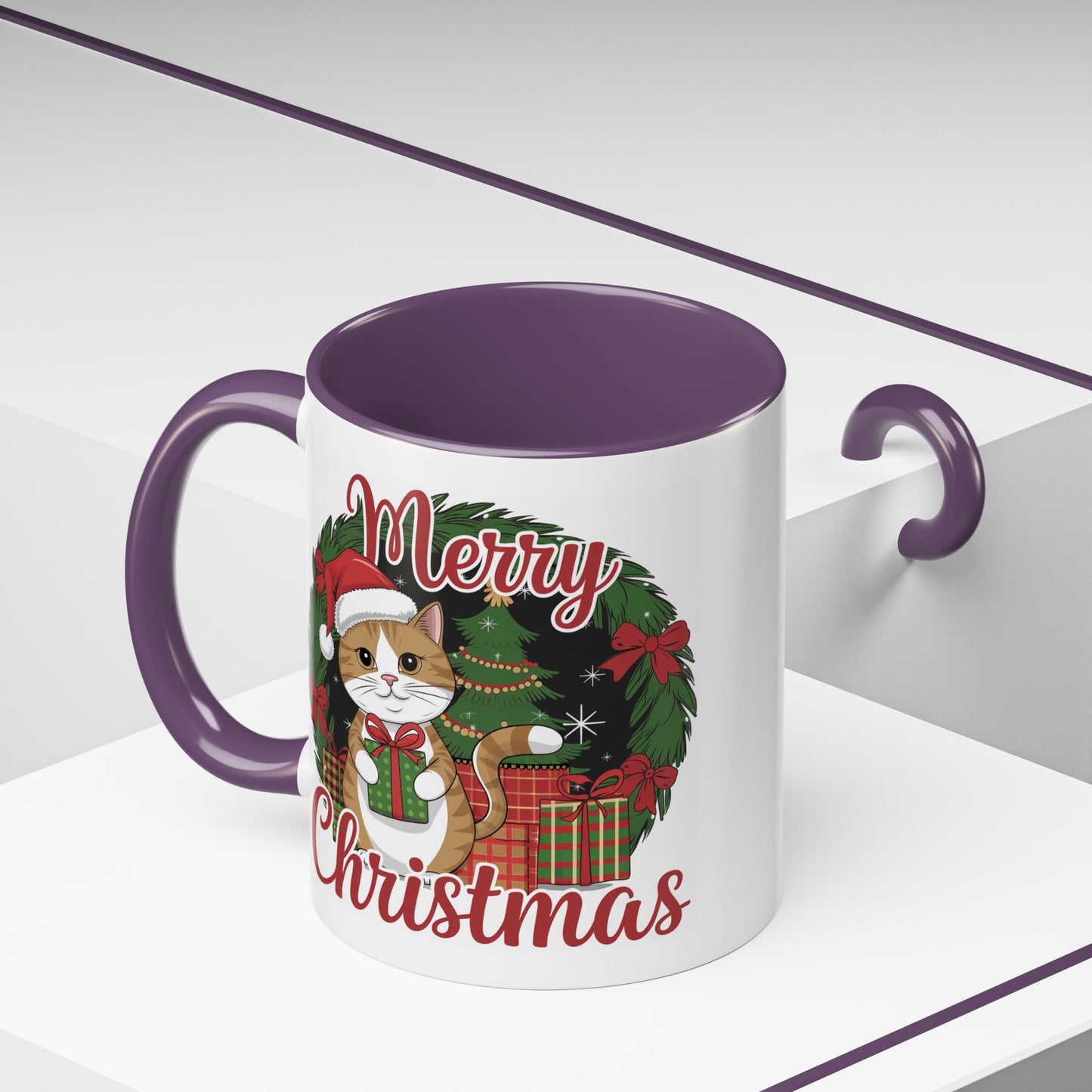Christmas Mug - Merry Christmas Red Text Cat Presents Wreath