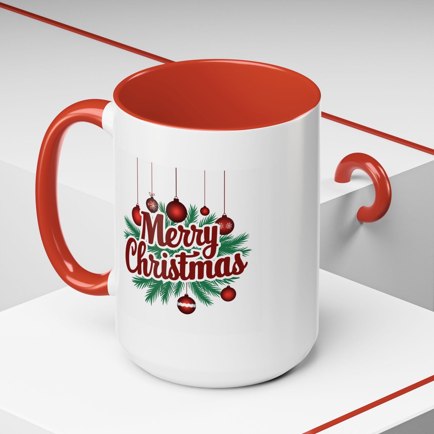 Christmas Mug - Merry Christmas Maroon Text Ornaments