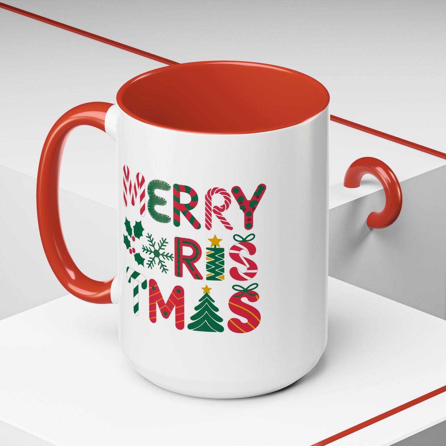 Christmas Mug - Merry Christmas Red Green & Gold Decorative Text