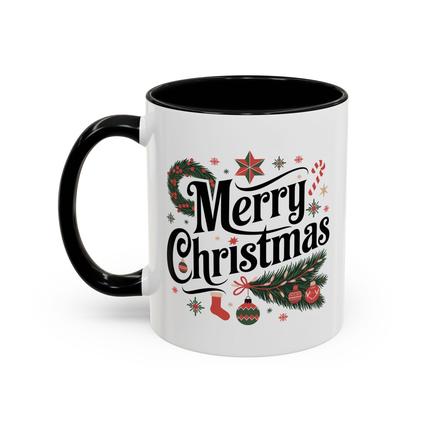 Christmas Mug - Merry Christmas Black Text Star Stocking Ornament Candy Cane