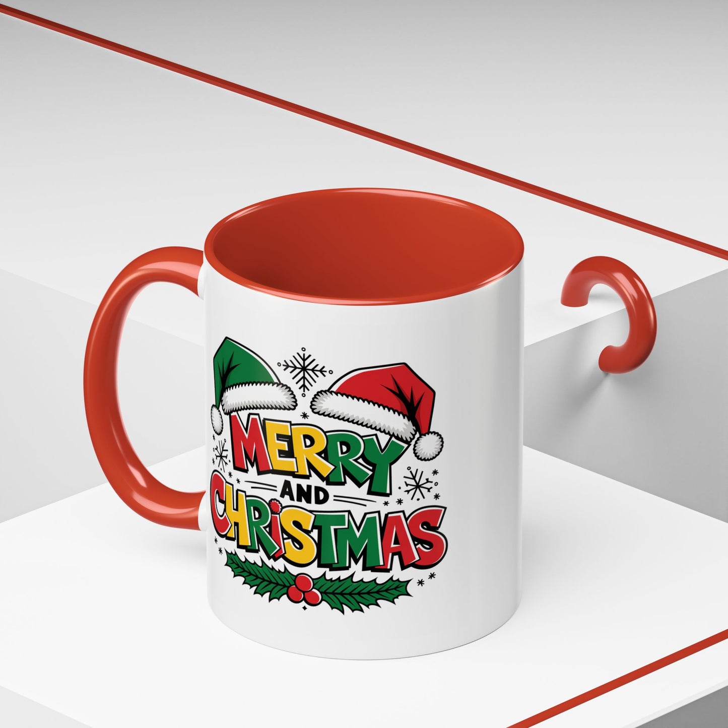 Christmas Mug - Merry Christmas Red Yellow & Green Text Green & Red Hat