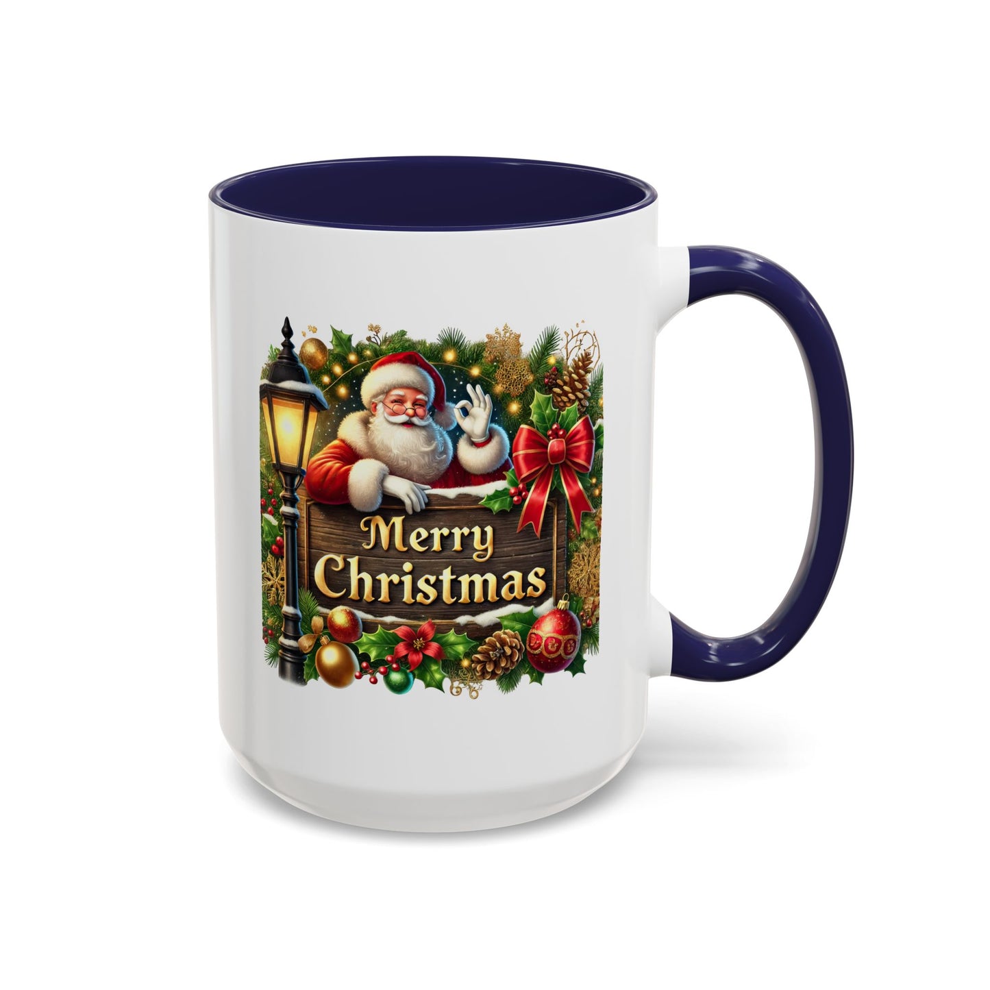 Christmas Mug - Merry Christmas Cream Text Santa Ok Light Bow Ornaments