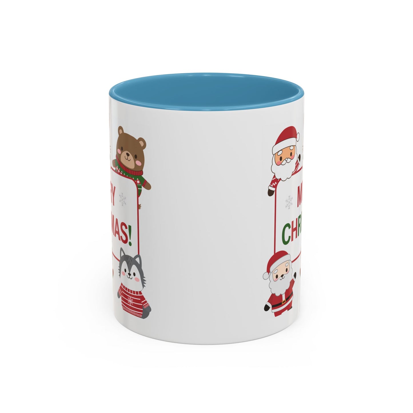 Christmas Mug - Merry Christmas Red & Green Text Santa Cute Animals