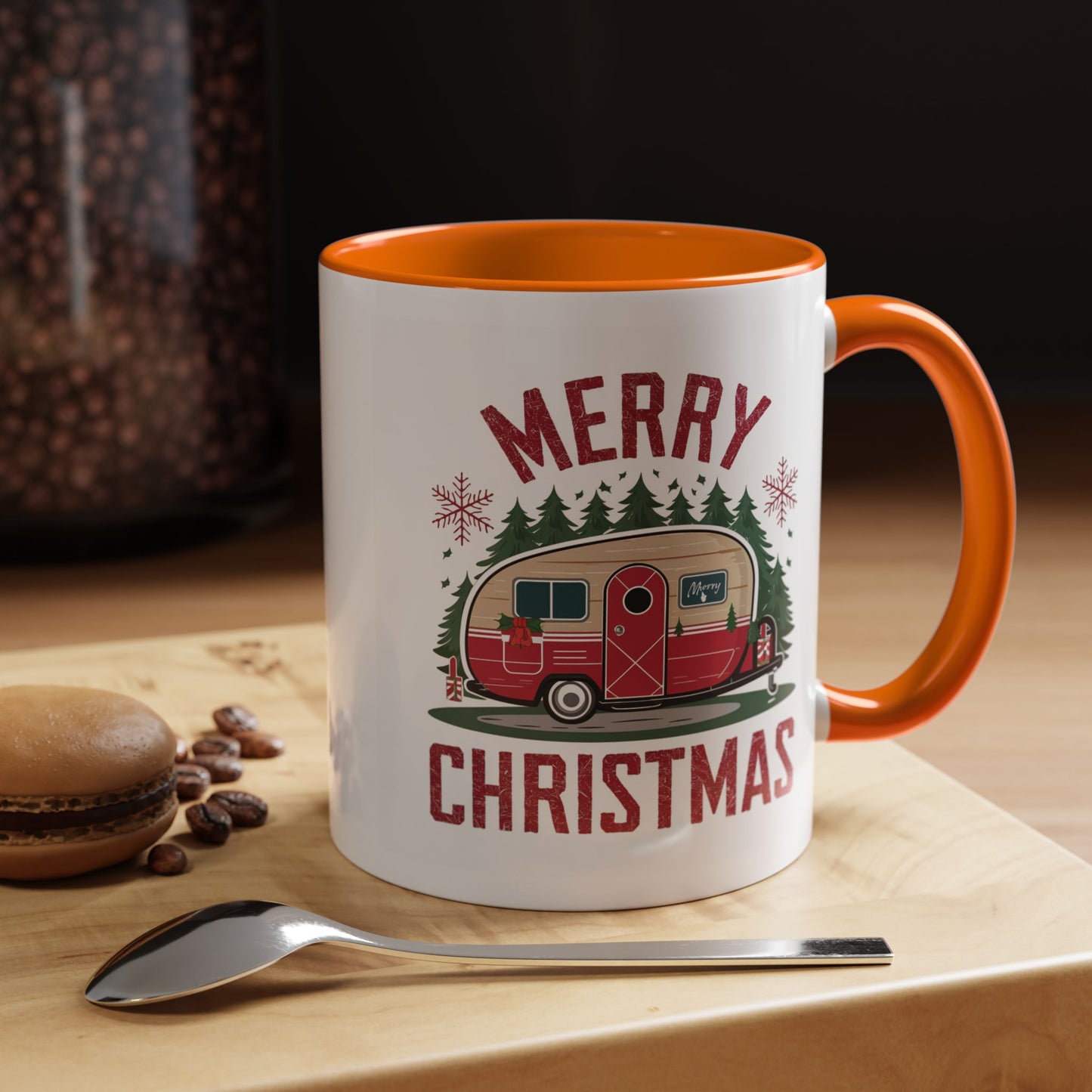 Christmas Mug - Merry Christmas Maroon Text Camper Trees Snowflakes