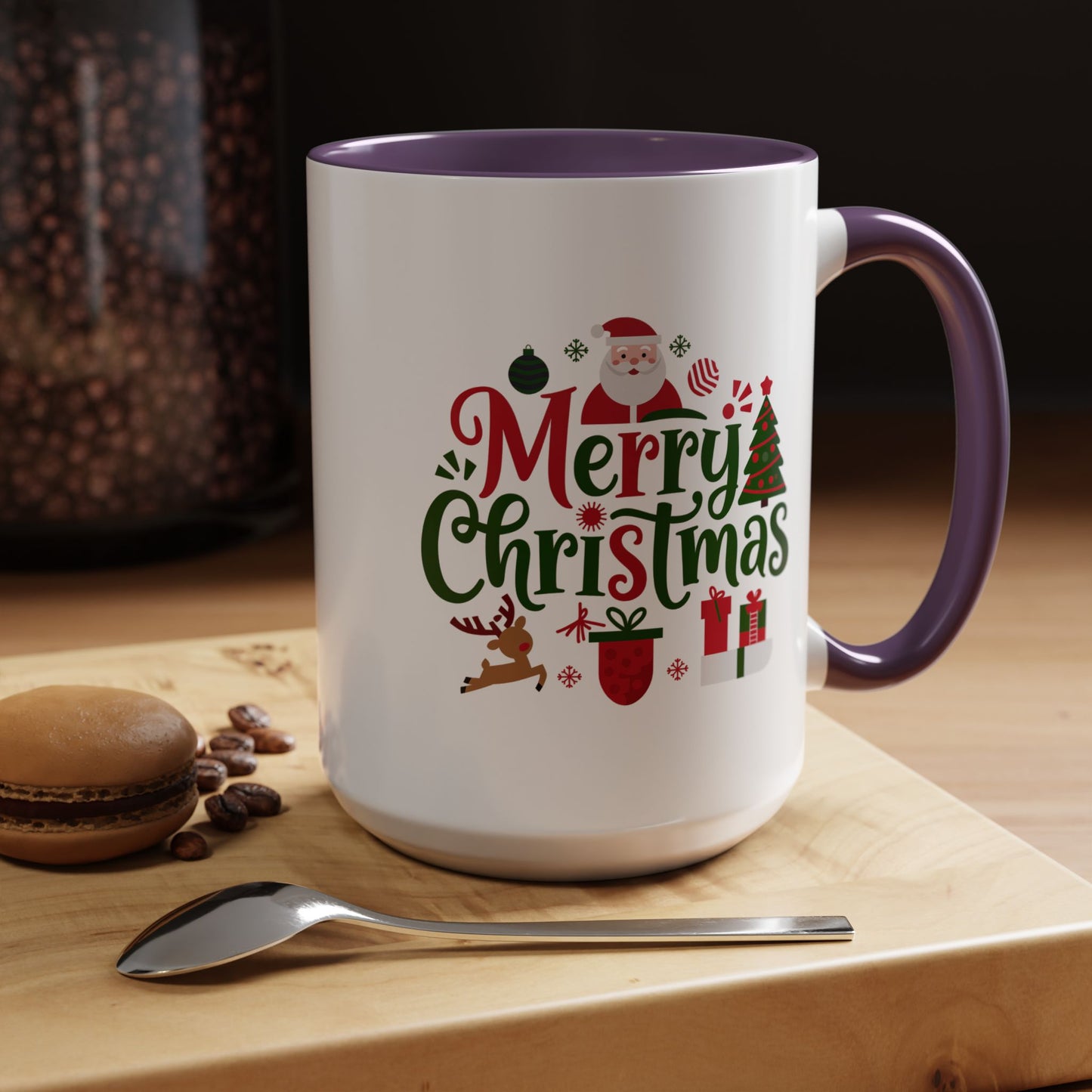 Christmas Mug - Merry Christmas Red & Green Text Santa Reindeer Tree Sleigh Ornaments