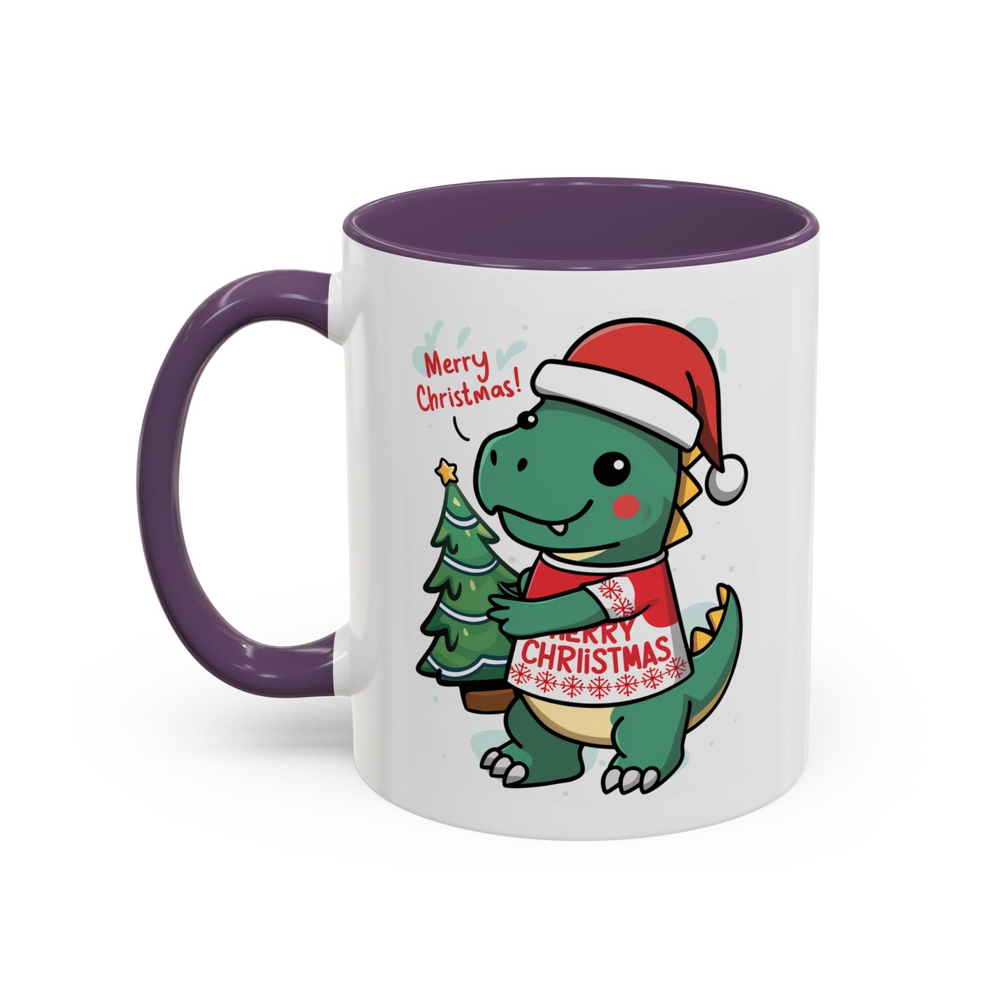 Christmas Mug - Merry Christmas Red Text Dinosaur Tree