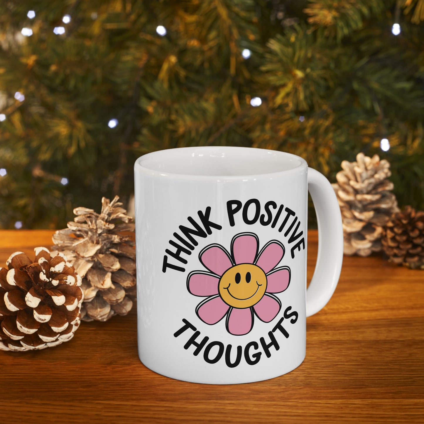 Motivation Mug - Think Positive Thoughts Retro Flower