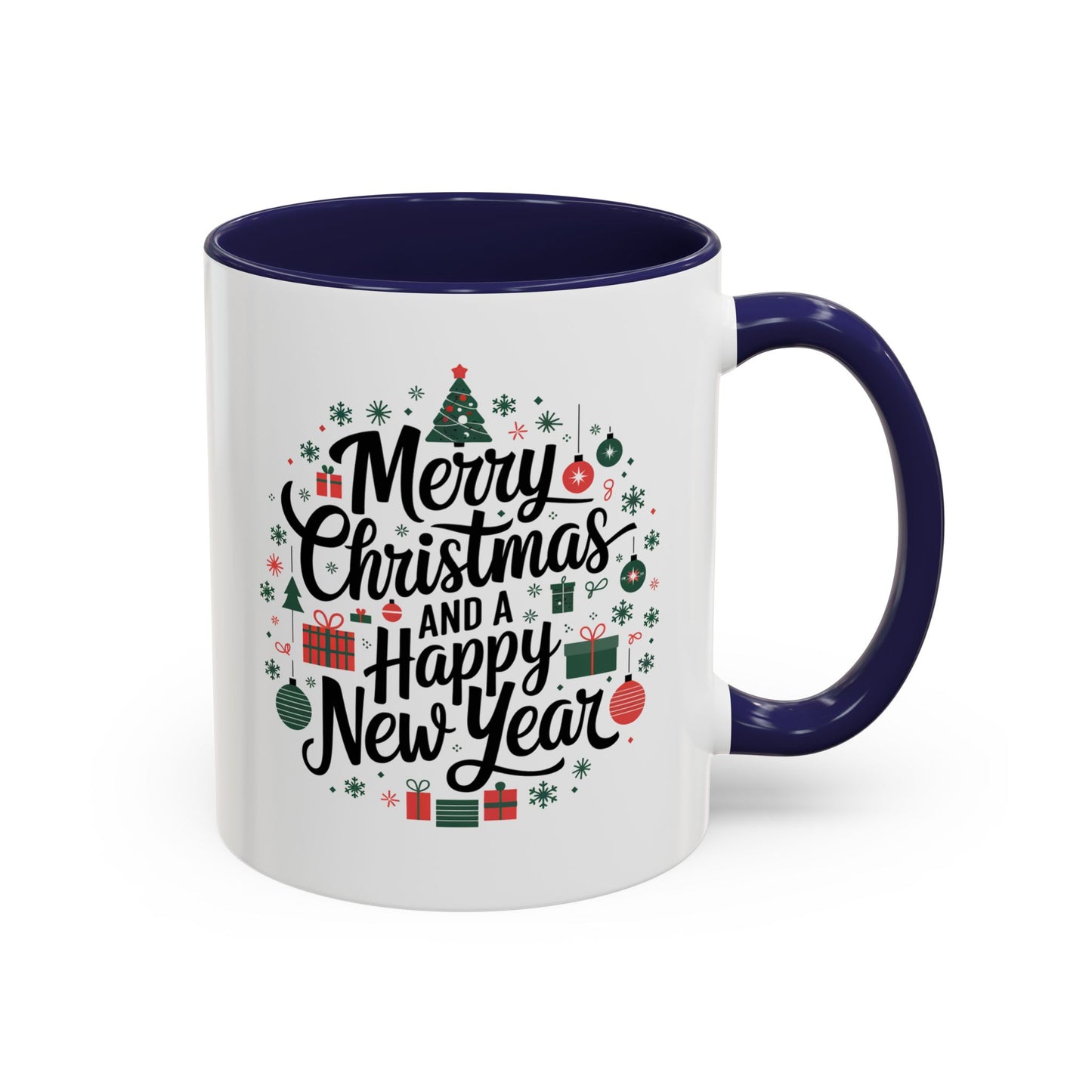 Christmas Mug - Merry Christmas and a Happy New Year Black Text Tree Ornaments Presents