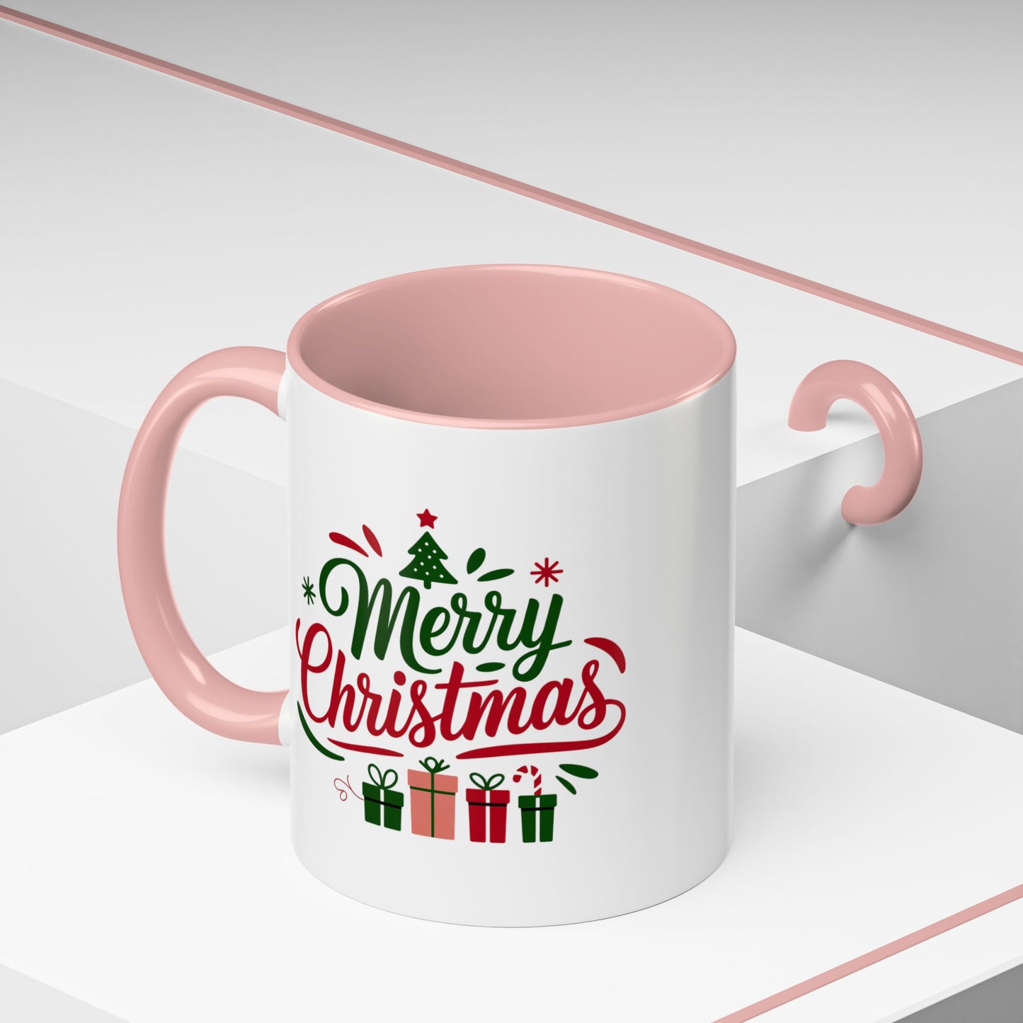Christmas Mug - Merry Christmas Green & Red Text Tree Snowflakes Presents